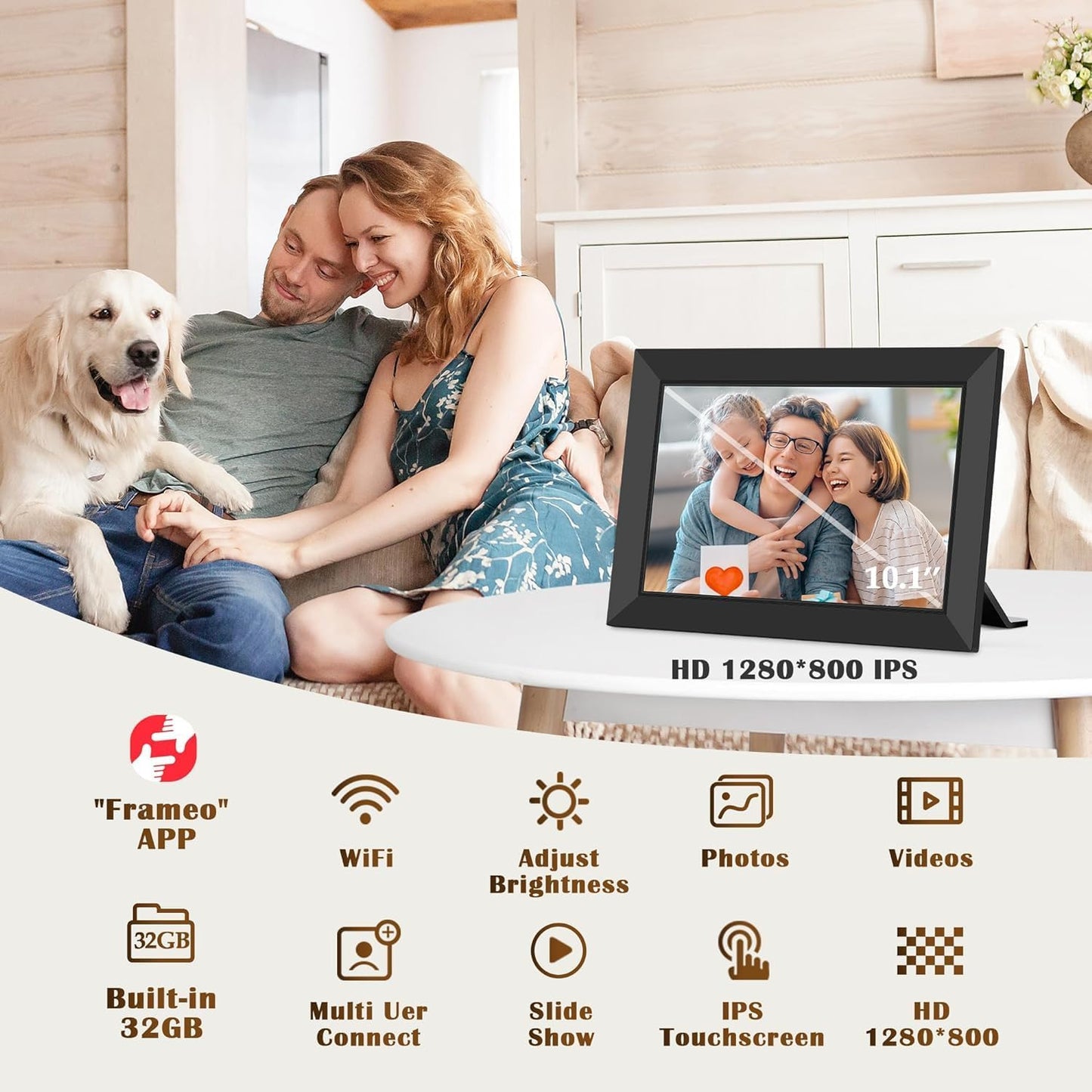 WONNIE Frameo WLAN Digitaler Bilderrahmen 10,1 Zoll, HD 1280 * 800 IPS Touchscreen Elektronischer FotoRahmen mit 32GB Speicher, Auto Drehung, Einfache Weitergabe von Fotos Videos über Frameo App