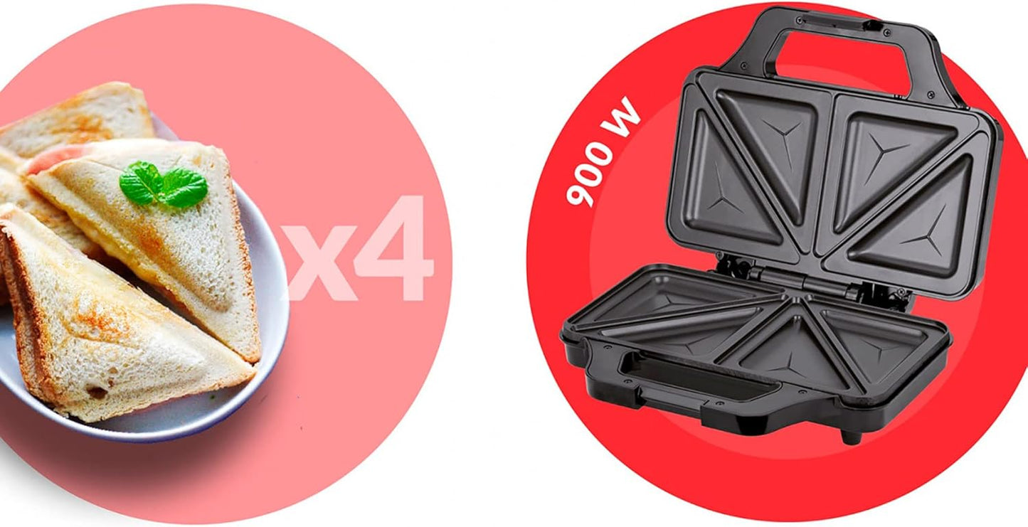 MPM - MOP-45M - Appareil à croque-monsieur - Grille-pain - Pour 4 sandwichs/paninis - Boîtier stable et autonome - Plateaux anti-casse - Contrôle automatique de la température - Électrique - Noir