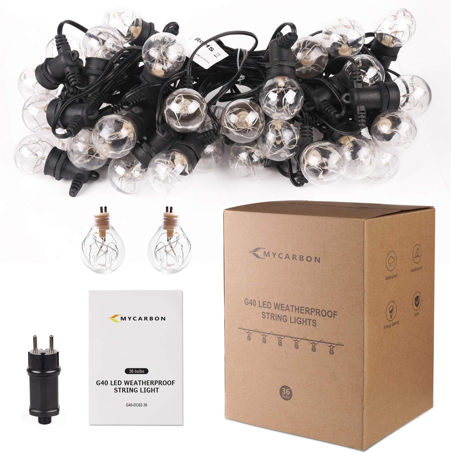 MYCARBON LED Lichterkette Auen 13,5M IP67 36er Birnen wasserdicht Lichterkette Glhbirnen Outdoor Innen mit Stecker Deko fr Garten Party Terrasse Zimmer Balkon 2 Ersatzbirnen Warmwei