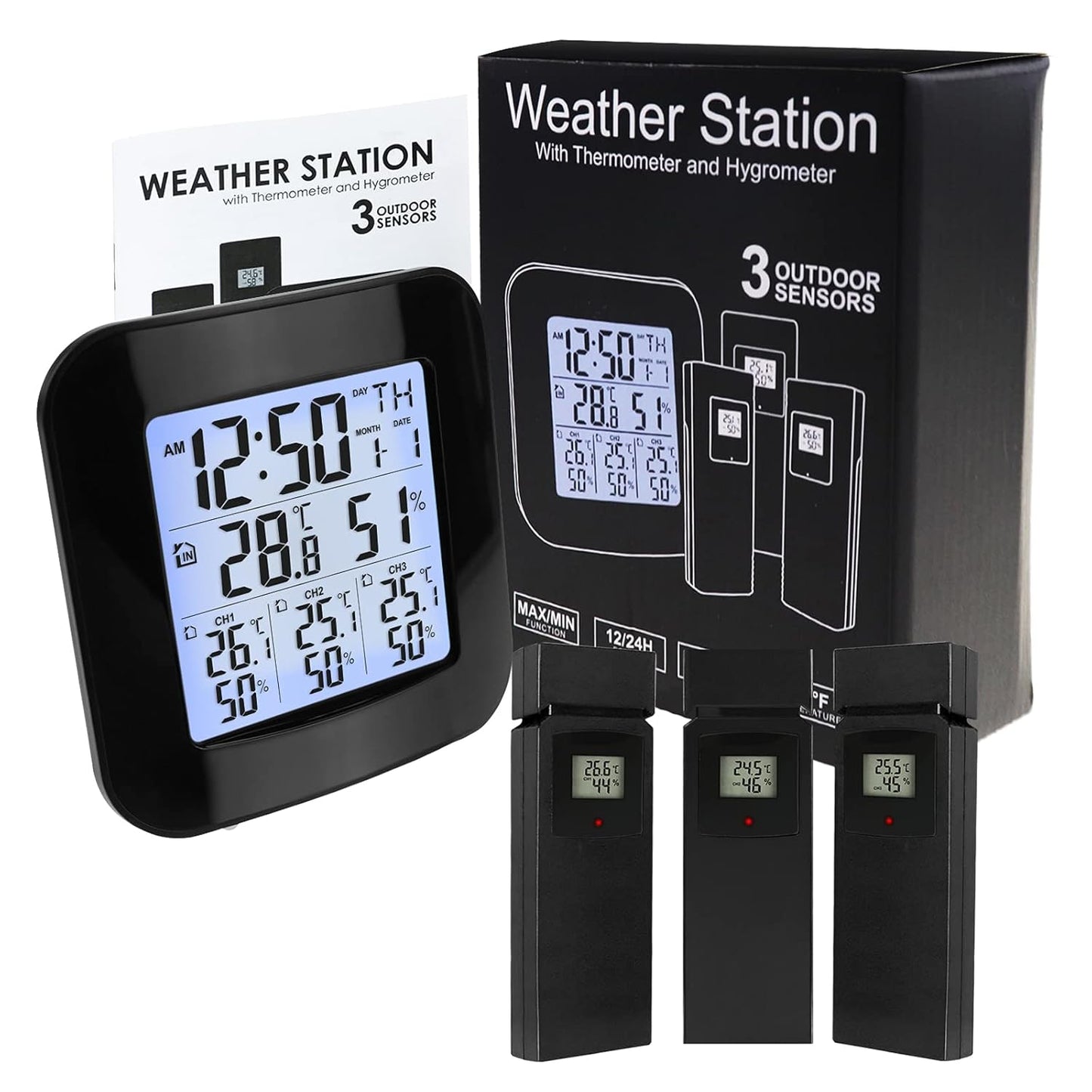 Station météo numérique avec thermomètre et hygromètre, avec 3 capteurs de câble pour l'eau et la pression, avec retour sur la température et la qualité de l'air, informations sur la batterie pour LED noire et LCD