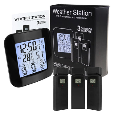 Digitale Wetterstation mit Thermometer und Hygrometer, mit 3 kabellosen Sensoren für drinnen und draußen, mit Wecker zur Messung von Temperatur und Luftfeuchtigkeit, Anzeige für schwache Batterie für schwarze LED auf dem LCD