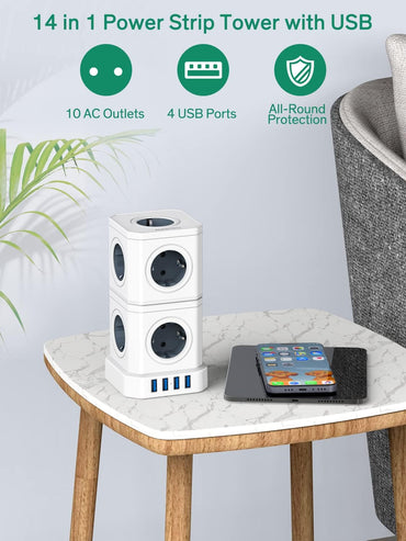 AUOPRO Steckdosenleiste 9 Fach Steckdosenturm Mehrfachsteckdose 4 USB Steckdose
