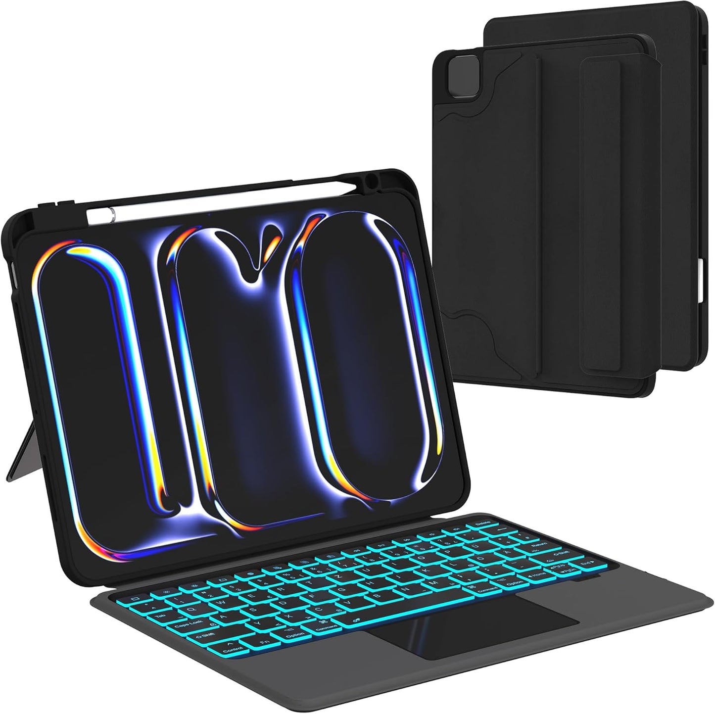 Tastatur Hülle für iPad Pro 11 Zoll (M4) 2024 - Abnehmbare Magnetisch 7 Farbige Beleuchtung Touchpad Tablet Cover mit Stifthalter - Beleuchtete Deutsches QWERTZ Layout Tastatur für iPad 11" M4 Schwarz