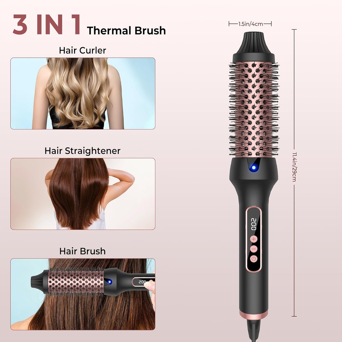 OKWRAP Thermobürste LCD Display, Ionen, Thermobürste, Lockenstab, Heißbürste, Rundbürste für Haarstyling, Heißbürste, Glättbürste, Haarstyler, Rundbürste, Glättbürste, 38 mm