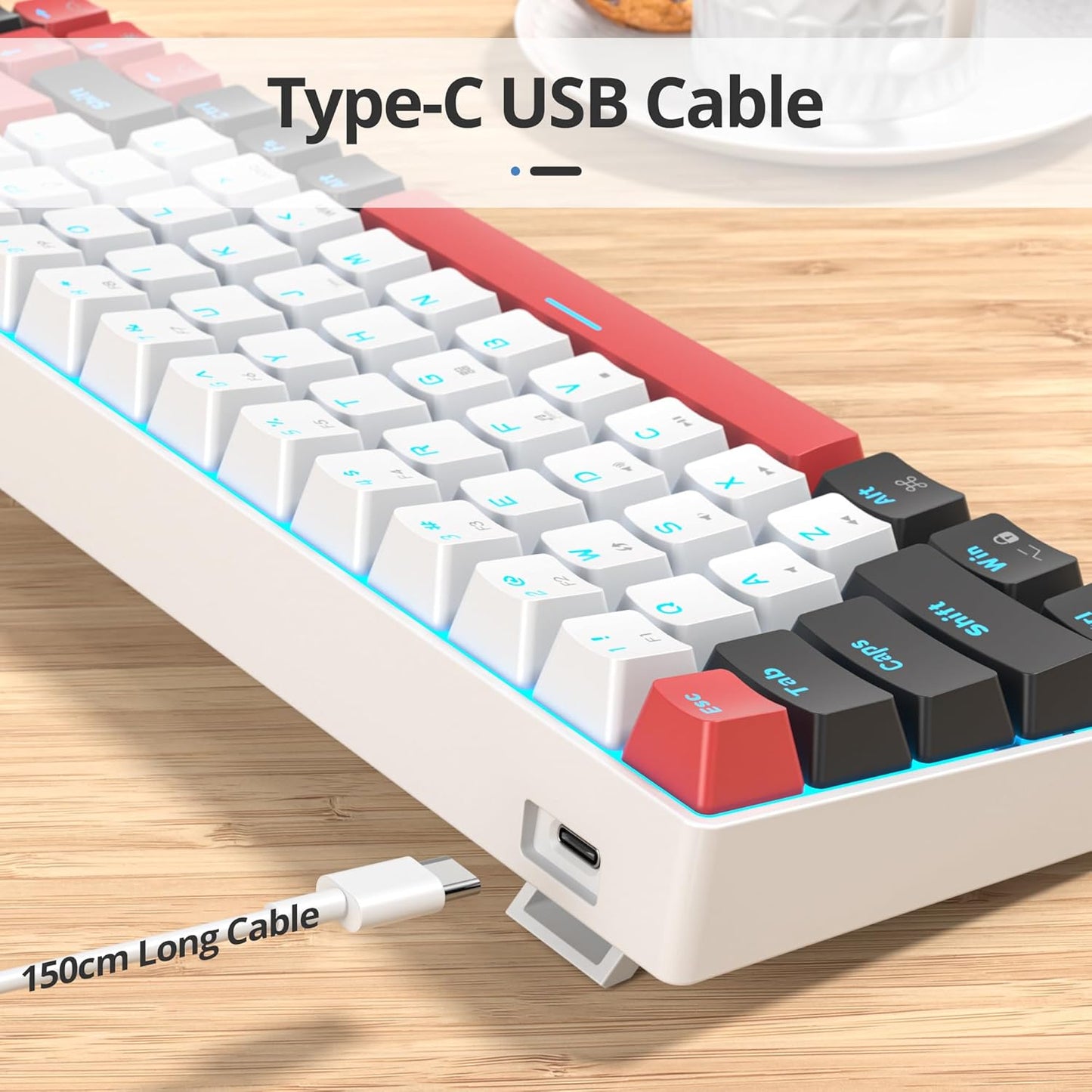 surmen 65 % mechanische Gaming-Tastatur mit linearem rotem Schalter, kabelgebunden, Mini-Kompakttastatur, 60 % Hintergrundbeleuchtung, für Laptop, Desktop-PC, Gamer (68 weiß-eisblau)