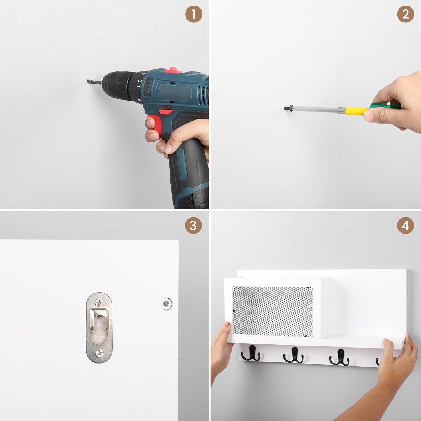 BELLE VOUS Wandmontiertes Weißes Schlüsselbrett mit Ablage und 8 Haken - Dekorative Briefablage & Schlüsselbrett Holz - Rustikale Schlüssel Aufbewahrung für Zuhause, Eingangsbereich, Flur & Vorraum