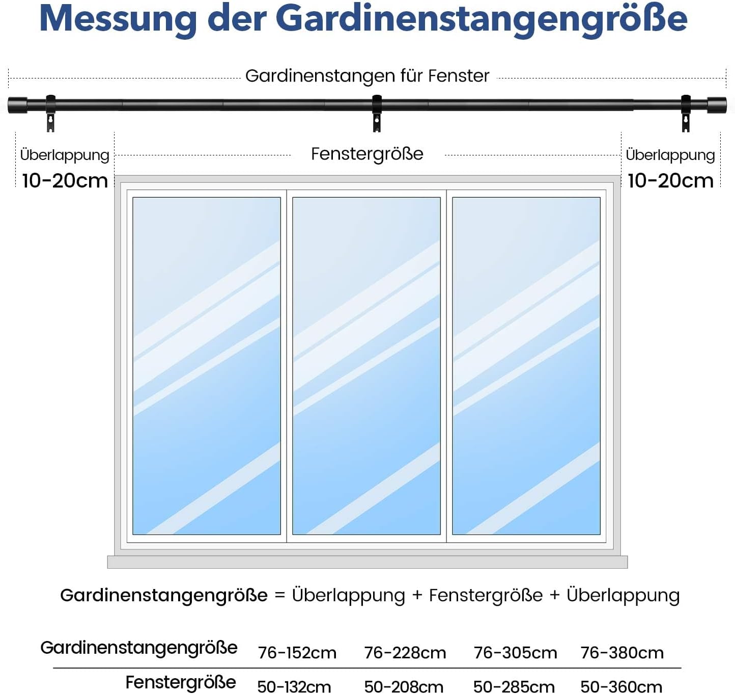 Gardinenstange Schwarz 76-228 cm Vorhangstange Ausziehbar 19 mm Durchmesser für Schlafzimmer, Wohnzimmer oder Küche von GEEBOBO