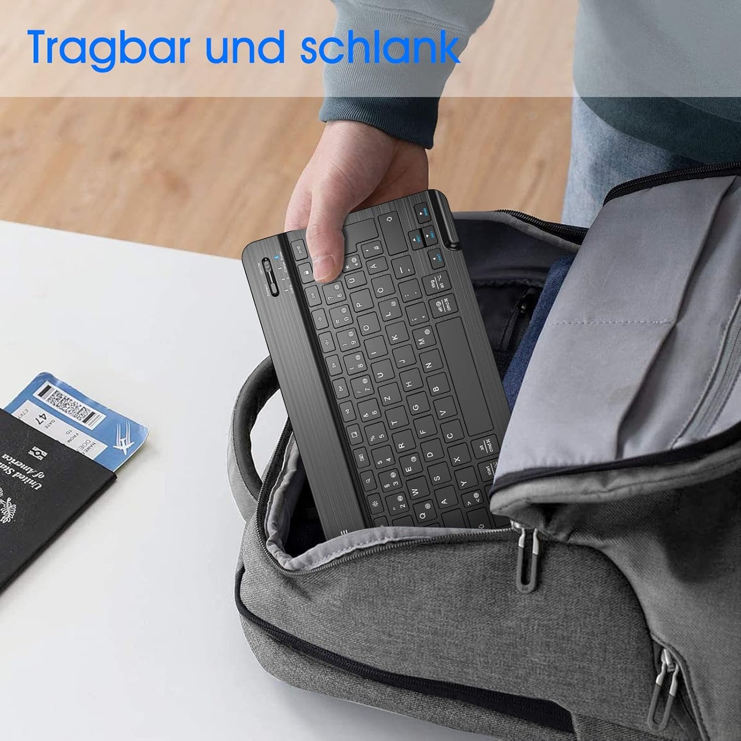 FINTIE Ultradünn Bluetooth Tastatur mit deutschem Layout QWERTZ für iPad Air/Pro/Mini/iPad 10.9/10.2/9.7/iPhone/Samsung/Android, Schwarz