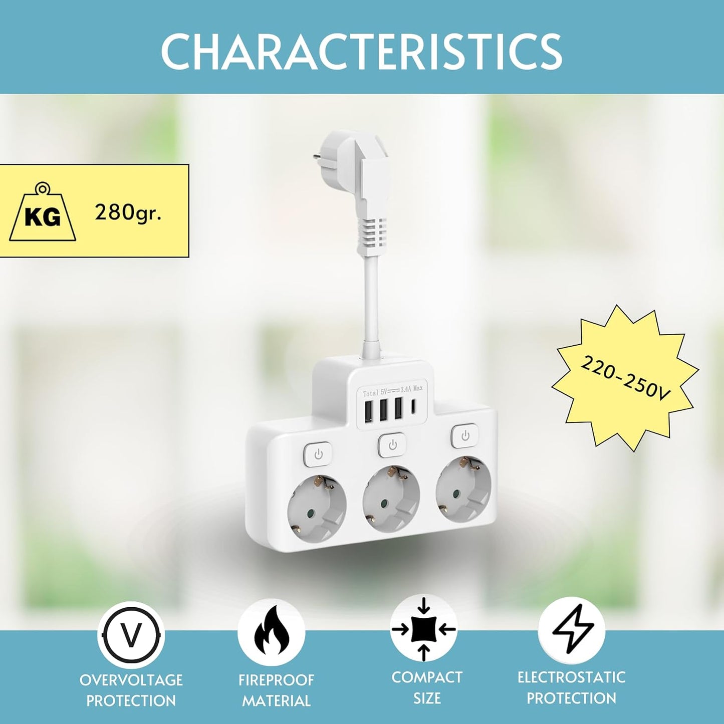 Steckdosenleiste mit Schalter, Netzstecker mit Sicherung, schaltbare Mehrfachstecker, mit USB - USB C, 220-250V, Einzel, Dreifach, Wand, für Zuhause, Küche, Büro, Weiß.