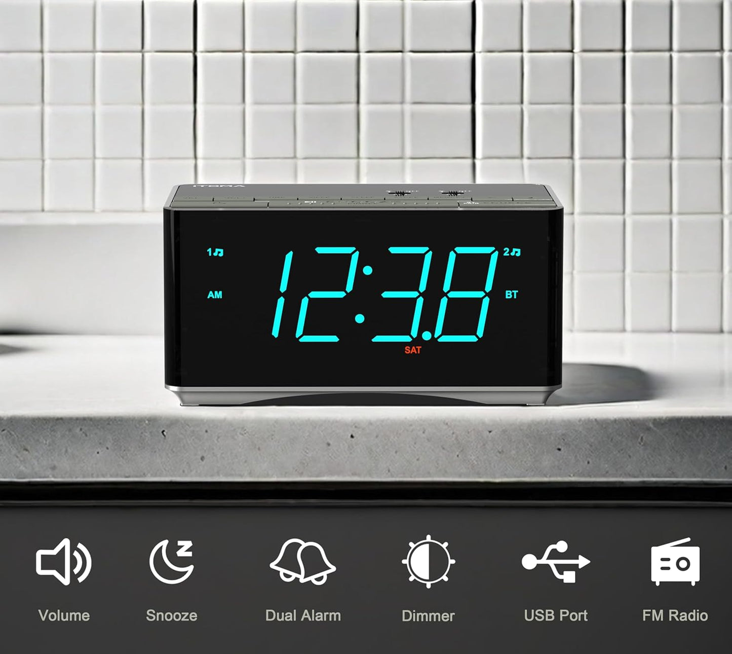 iTOMA Radiowecker,Bluetooth Stereo Lautsprecher, FM Radio, Dual Wecker, Snooze, Helligkeitsdimmer, USB-Aufladung, Wecker für Schlafzimmer Büro 3501