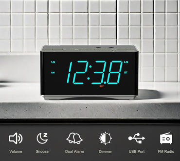 iTOMA Radiowecker,Bluetooth Stereo Lautsprecher, FM Radio, Dual Wecker, Snooze, Helligkeitsdimmer, USB-Aufladung, Wecker für Schlafzimmer Büro 3501