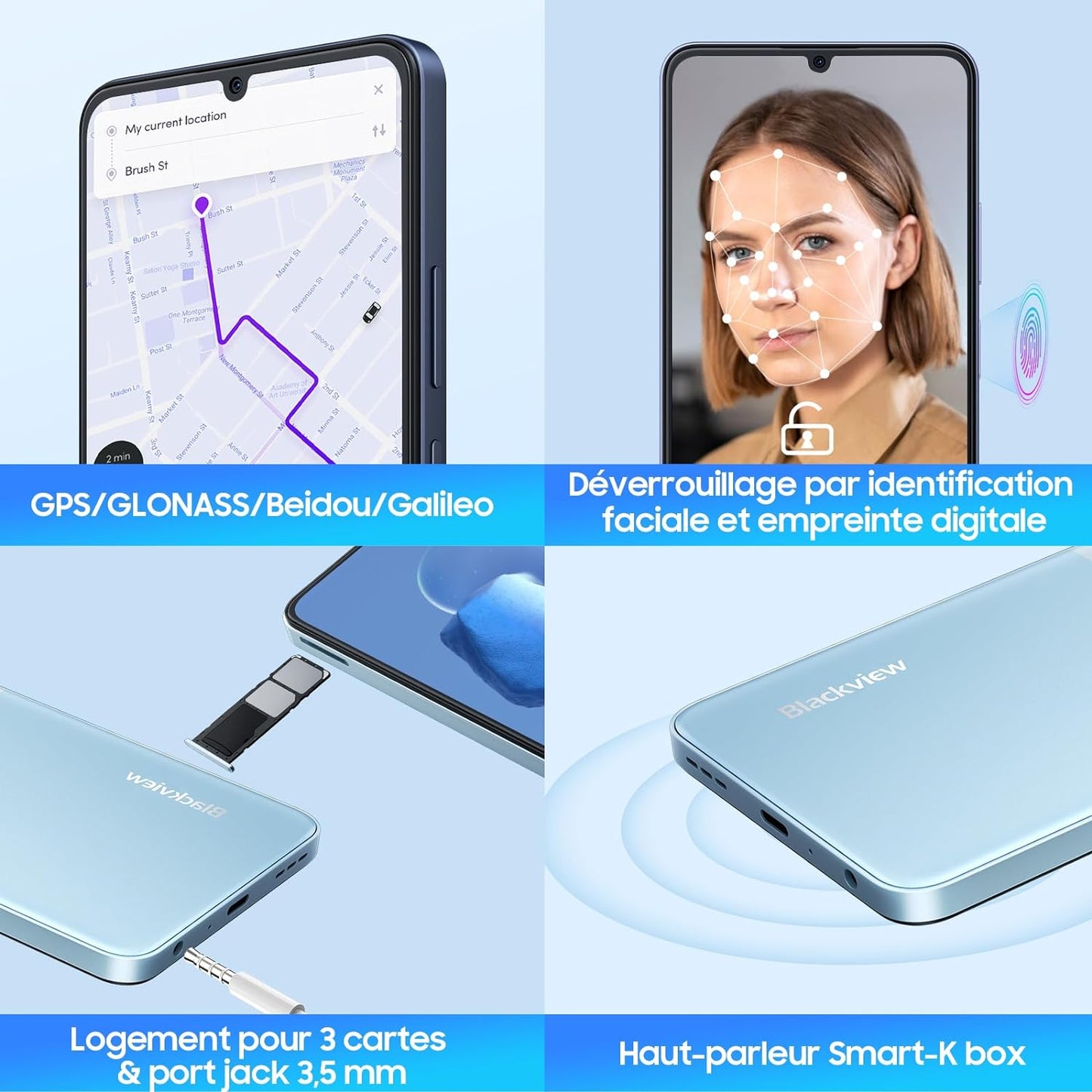 Smartphone Blackview Color 8 16 Go RAM + 128 Go Jack-Bleu