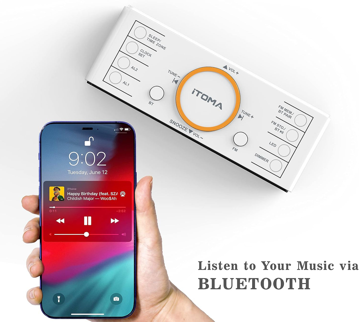 iTOMA CKS718 Wecker, 1,4 Zoll weißes LED-Display mit Bluetooth, FM-Radio, Doppelalarm, Sleep-Timer, Schlummerfunktion, automatischem und manuellem Dimmer, USB-Ladegerät und Nachtlicht CKS718