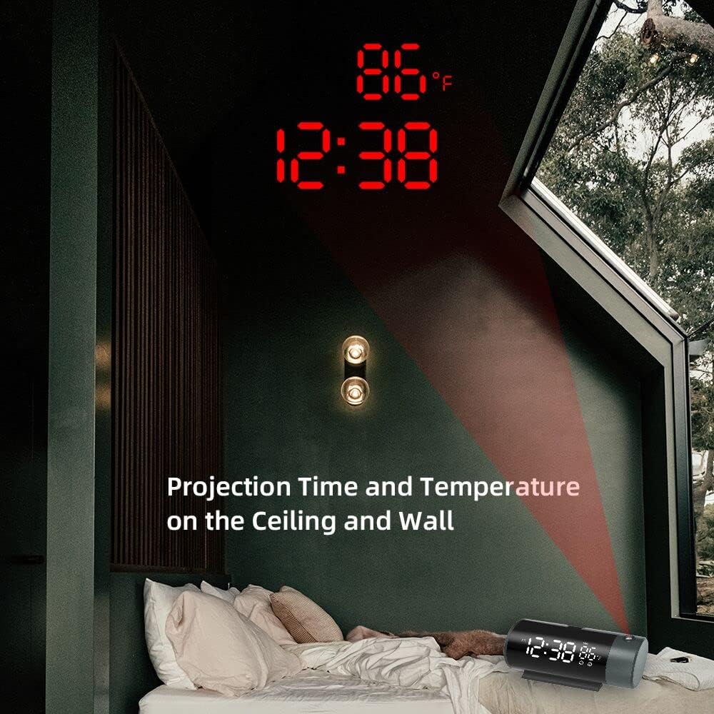 FanJu Digital Projektionswecker mit Temperatur und Zeit-Projektion, für Schlafzimmer, mit USB-Anschluss,Helligkeit automatisch einstellen, 12/24H, Zwei Wecker mit Schlummer.