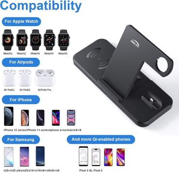Chargeur sans fil Jekeco, station de charge inductive Qi 4 en 1, connexions par câble 15 W pour Apple Watch SE/6/5, Airpods Pro, iPhone 14/13/12/11/SE/XR/XS, Samsung Galaxy Buds/S21/S20 avec adaptateur QC 3.0 18 W