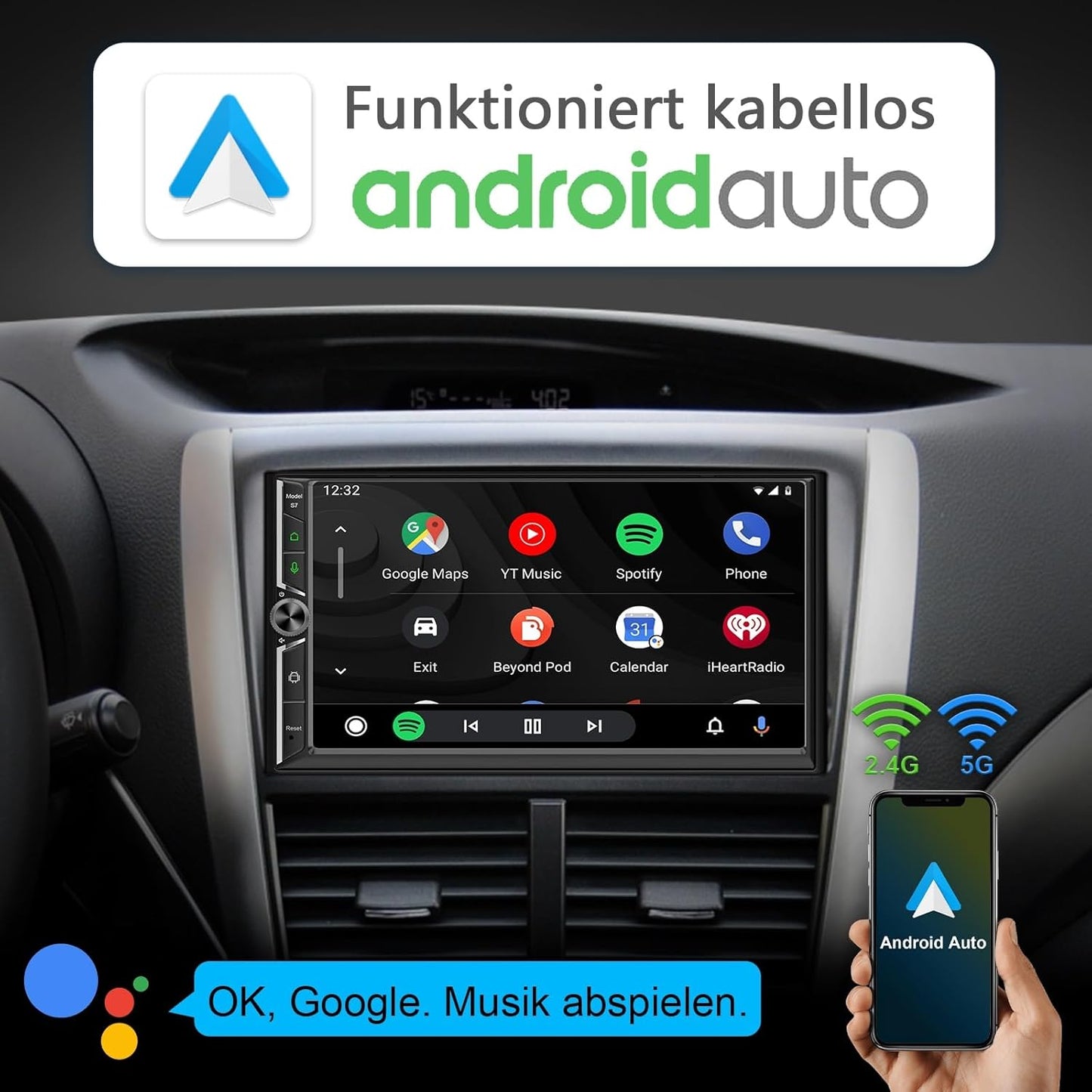 Android Doppel Din Radio mit Wireless Carplay Wireless Android Auto Autoradio mit Bildschirm, 4G+64G 7 Zoll Car Play Auto Radio 2din Touch Display mit Navi, Bluetooth, GPS, WiFi, AM/FM/RDS, AUX/SWC