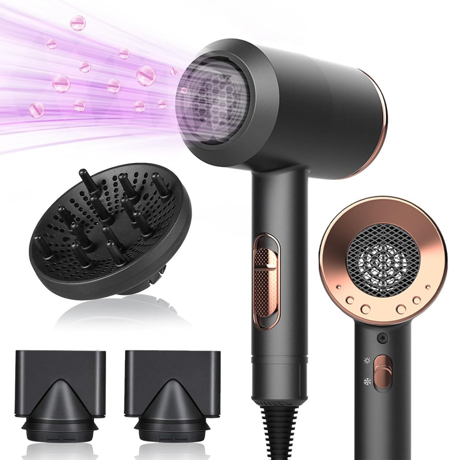 Oskuglin Föhn, 2400W professioneller tragbarer Ionen-Haartrockner Salon Haarfön mit Heiß-/Kalttaste, Concentrators and Diffuser, 3 Temperatureinstellungen, 2-Gang für Zuhause, Salon, Reisen (Schwarz)