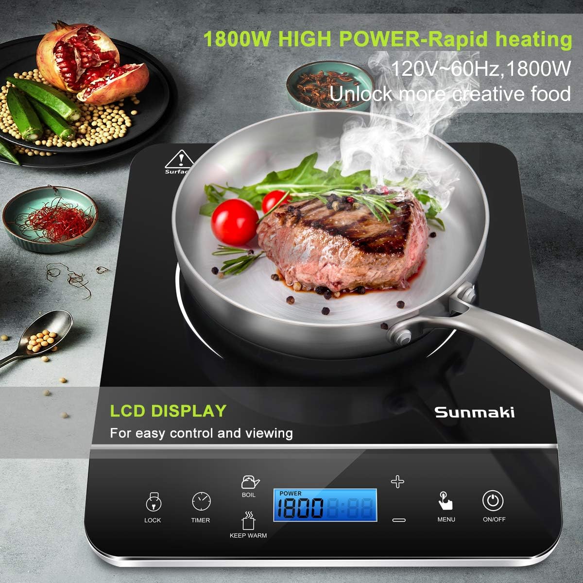 Tragbares Induktionskochfeld, Sunmaki 2000W Induktionsherd mit LCD-Sensor Touch, 10 Leistungsstufen und 10 Temperatureinstellungen, Touch-Bedienelemente, 4-Stunden-Timer, Schwarz