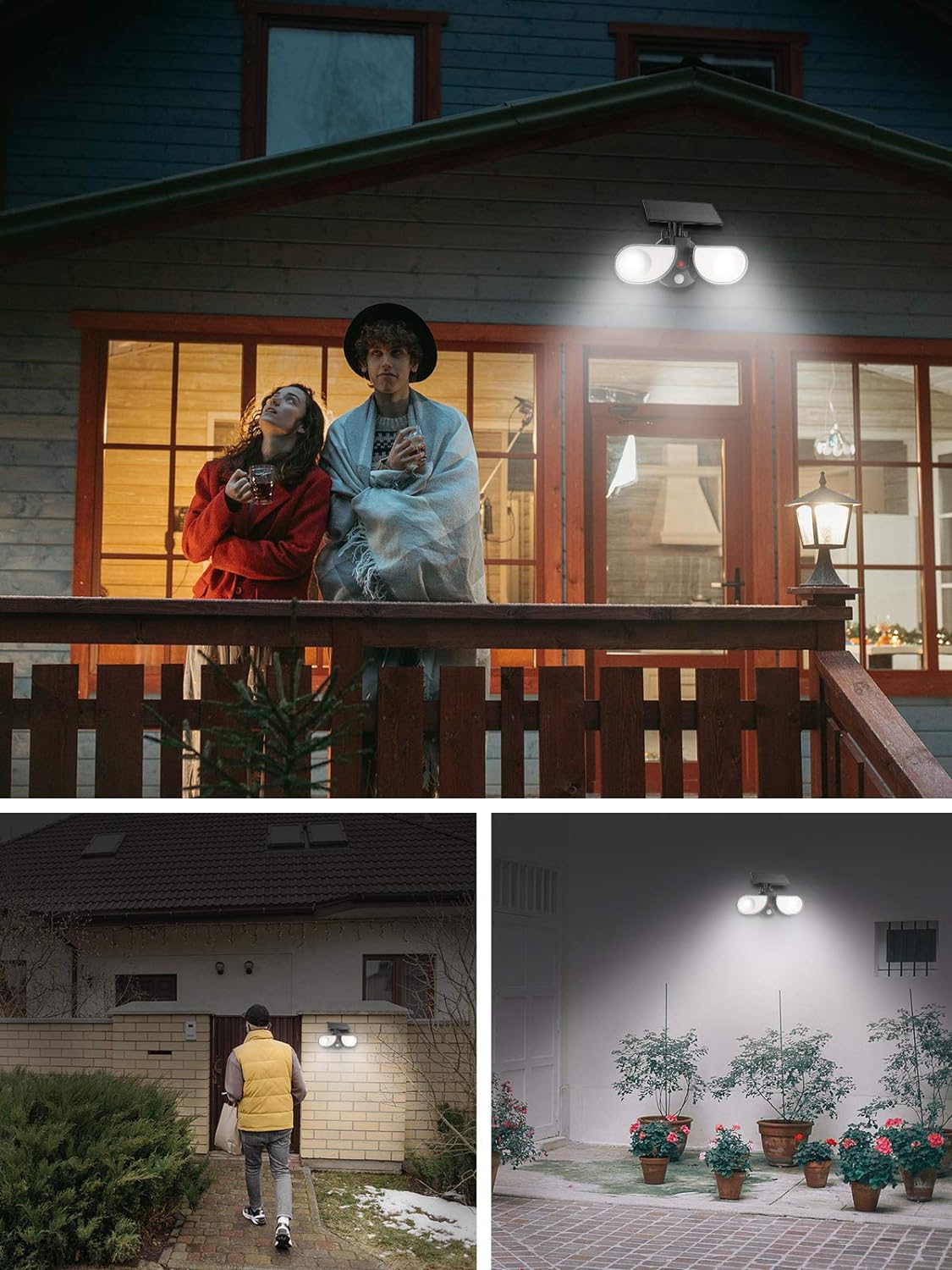 Linkind Guard Lampe clignotante LED avec détecteur de mouvement solaire, panneau solaire externe avec câble de 9,8 m, 2 têtes réglables, applique murale de sécurité, angle 300°, éclairage de sécurité IP67 pour véranda, Hinterhof, lot de 2