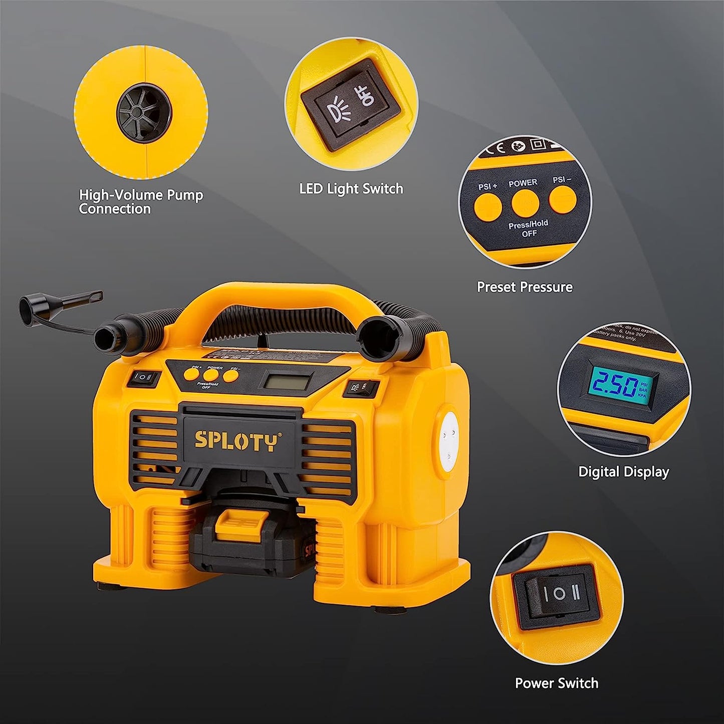 SPLOTY Reifenfüller Luftkompressor Tragbare kabellose Autoreifenpumpe, 20 V Akku und 12 V DC Dual Power elektrische Reifenpumpe, 160 PSI