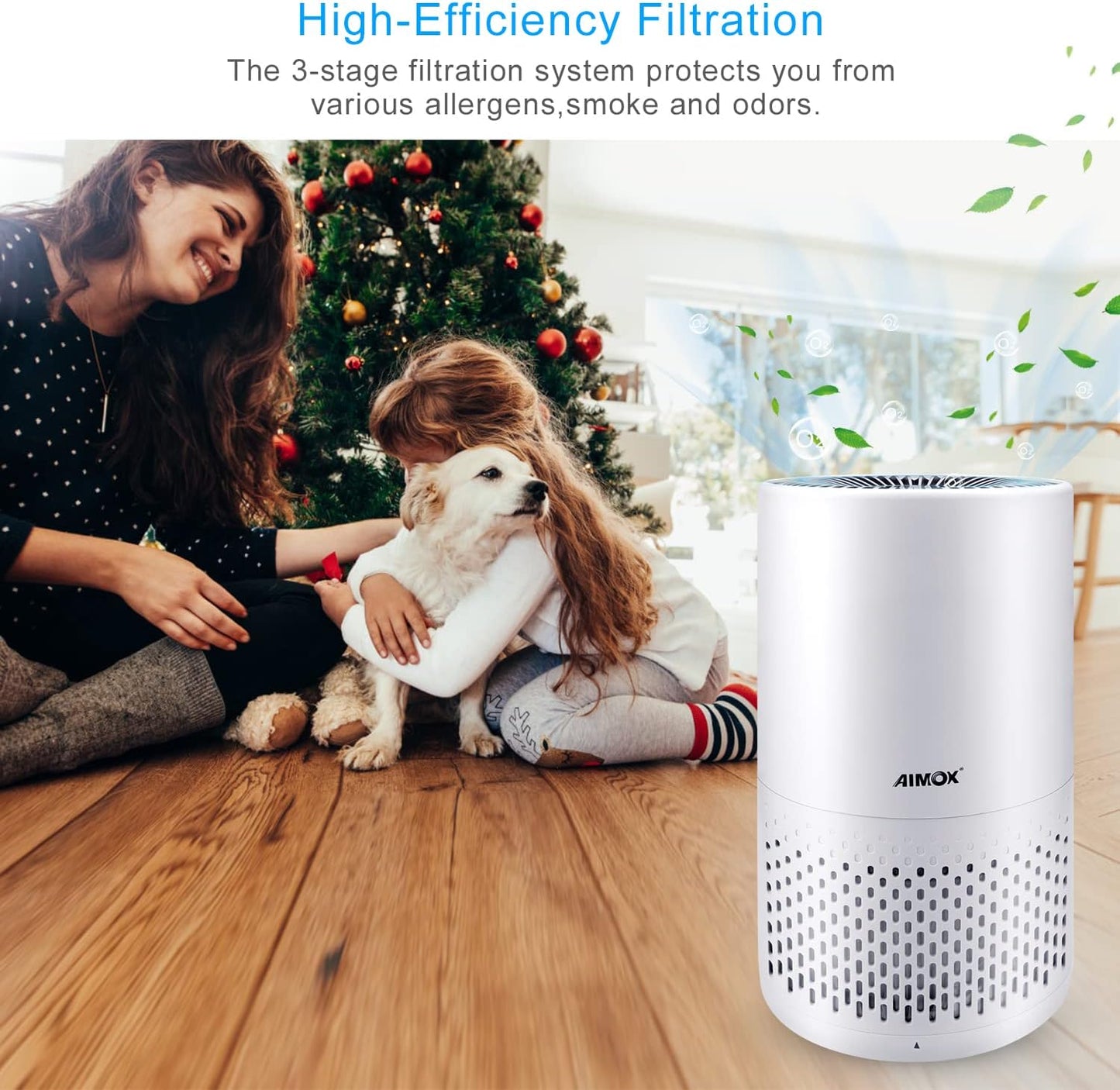 Intelligenter Luftreiniger zum Reinigen und Säubern, Aimox mit Luftqualitätssensor, Luftfilter, 3 Funktionen, Timer, Nachtlicht, CADR 136 m³/h, HEPA-Filter, Funktionen mit APP-Unterstützung, Alexa und Google