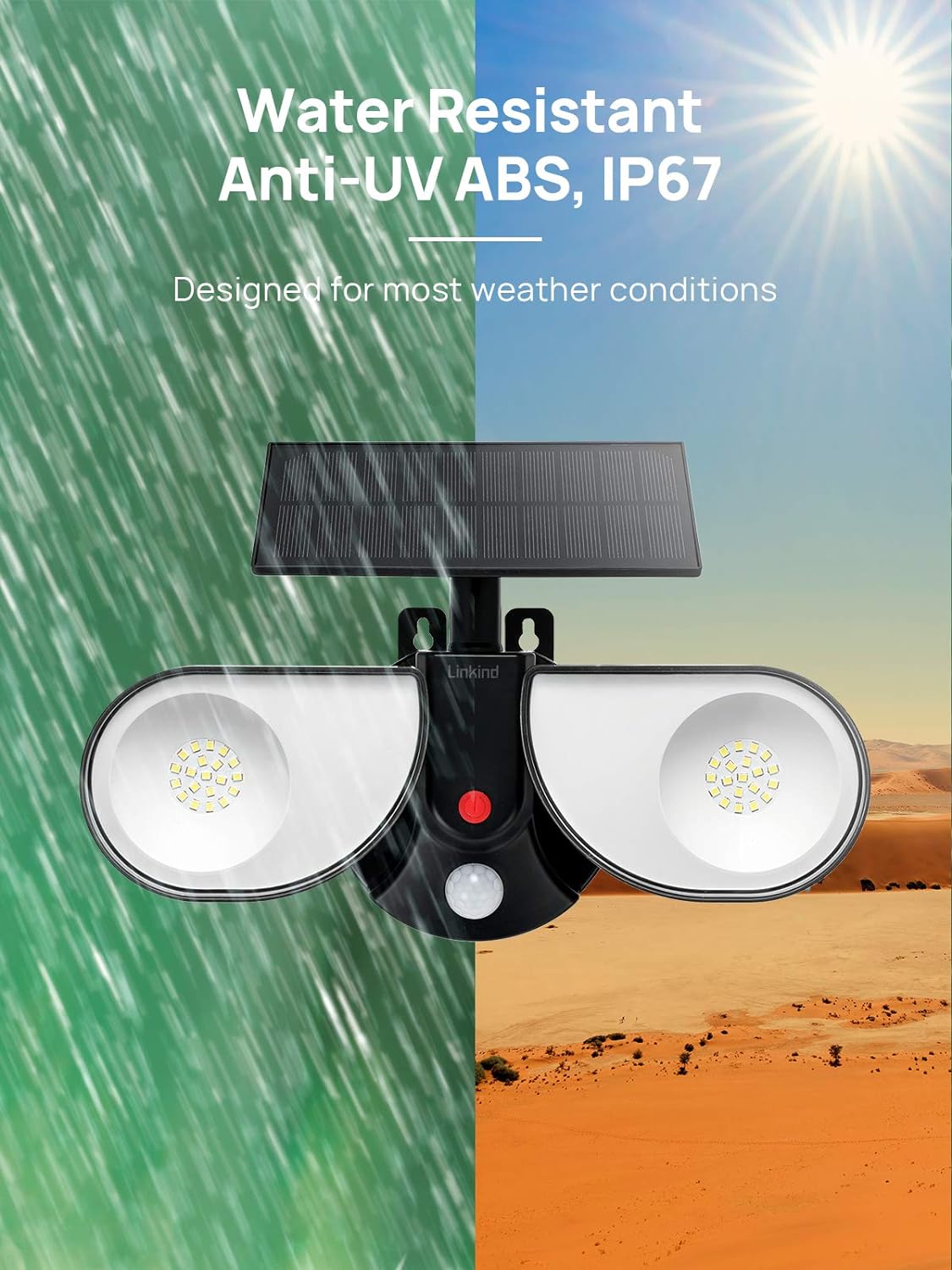 Linkind Guard Lampe clignotante LED avec détecteur de mouvement solaire, panneau solaire externe avec câble de 9,8 m, 2 têtes réglables, applique murale de sécurité, angle 300°, éclairage de sécurité IP67 pour véranda, Hinterhof, lot de 2