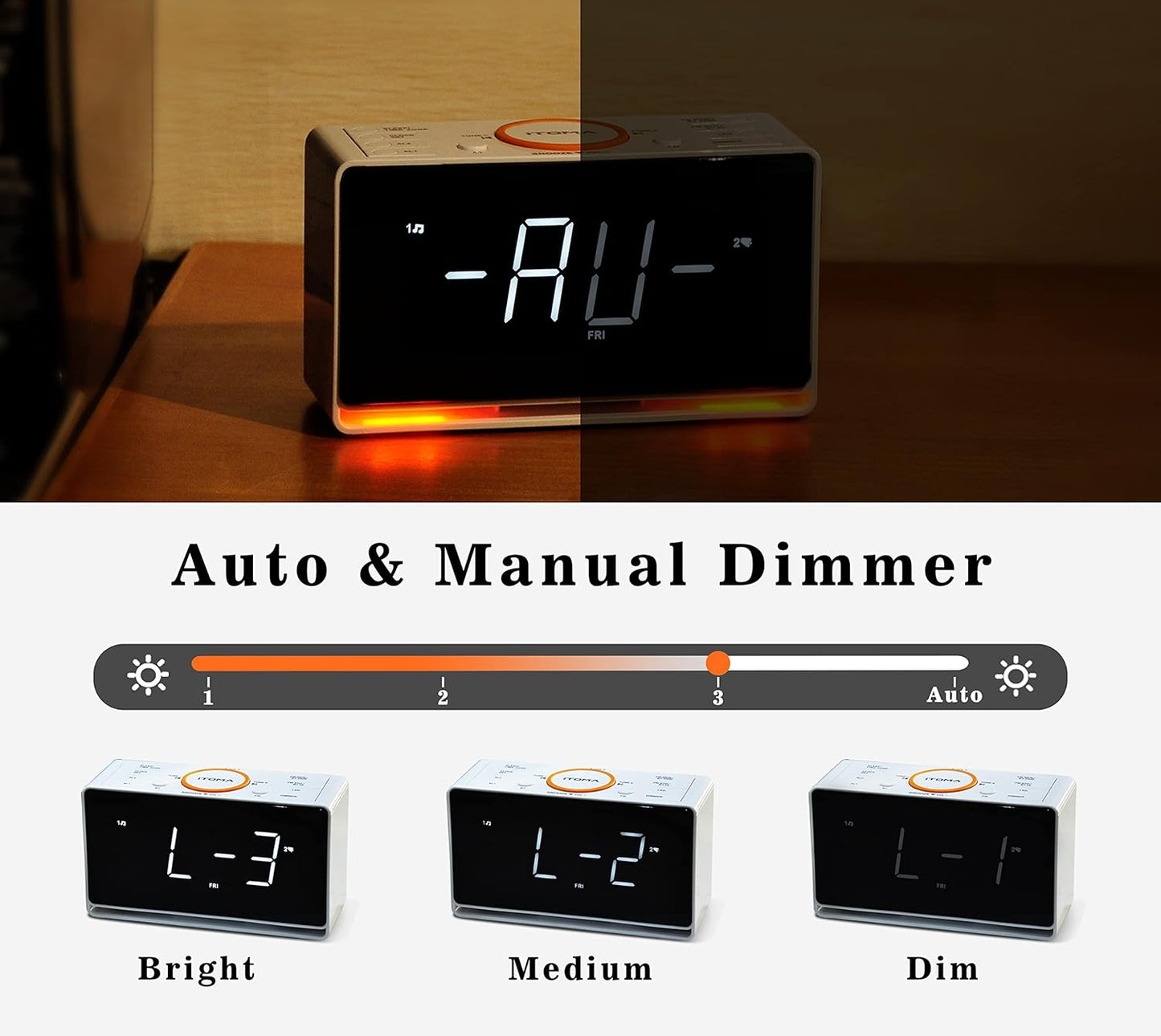 iTOMA CKS718 Wecker, 1,4 Zoll weißes LED-Display mit Bluetooth, FM-Radio, Doppelalarm, Sleep-Timer, Schlummerfunktion, automatischem und manuellem Dimmer, USB-Ladegerät und Nachtlicht CKS718