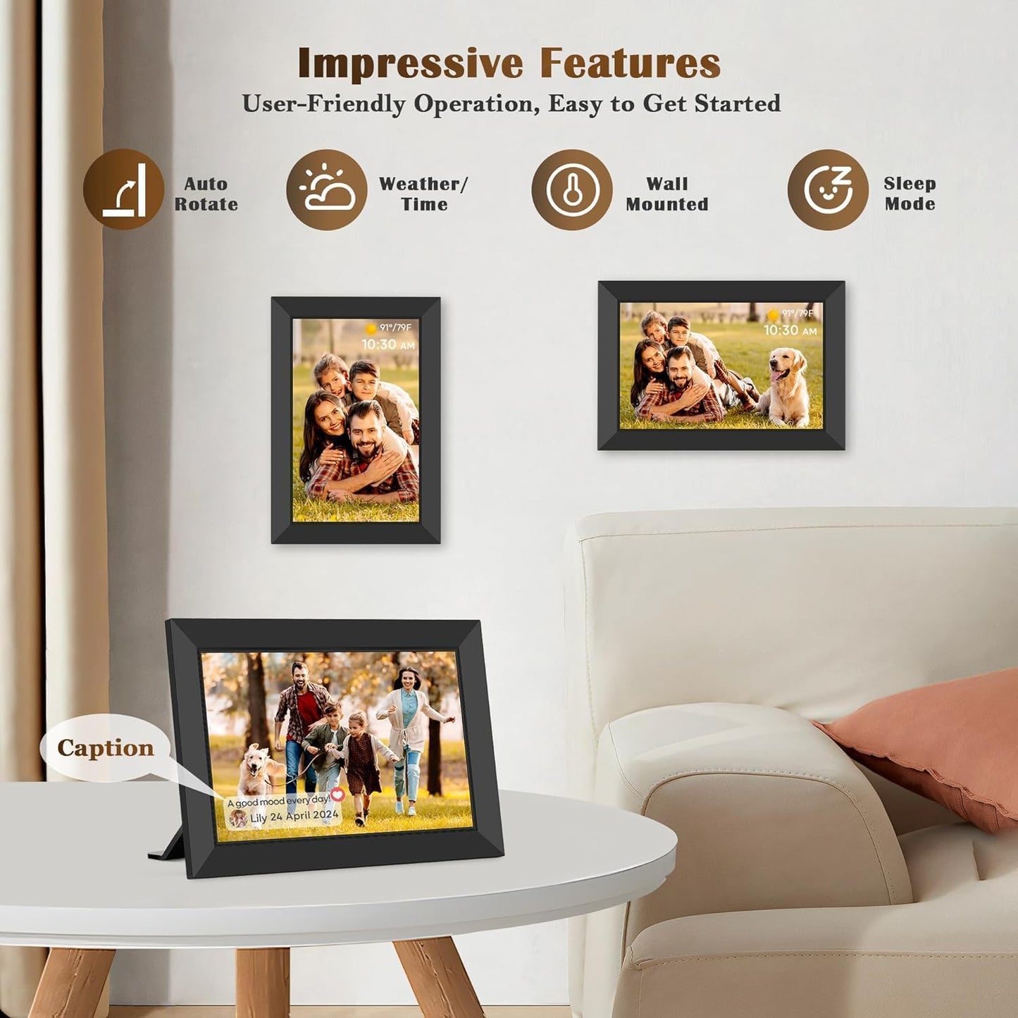 WONNIE Frameo WLAN Digitaler Bilderrahmen 10,1 Zoll, HD 1280 * 800 IPS Touchscreen Elektronischer FotoRahmen mit 32GB Speicher, Auto Drehung, Einfache Weitergabe von Fotos Videos über Frameo App