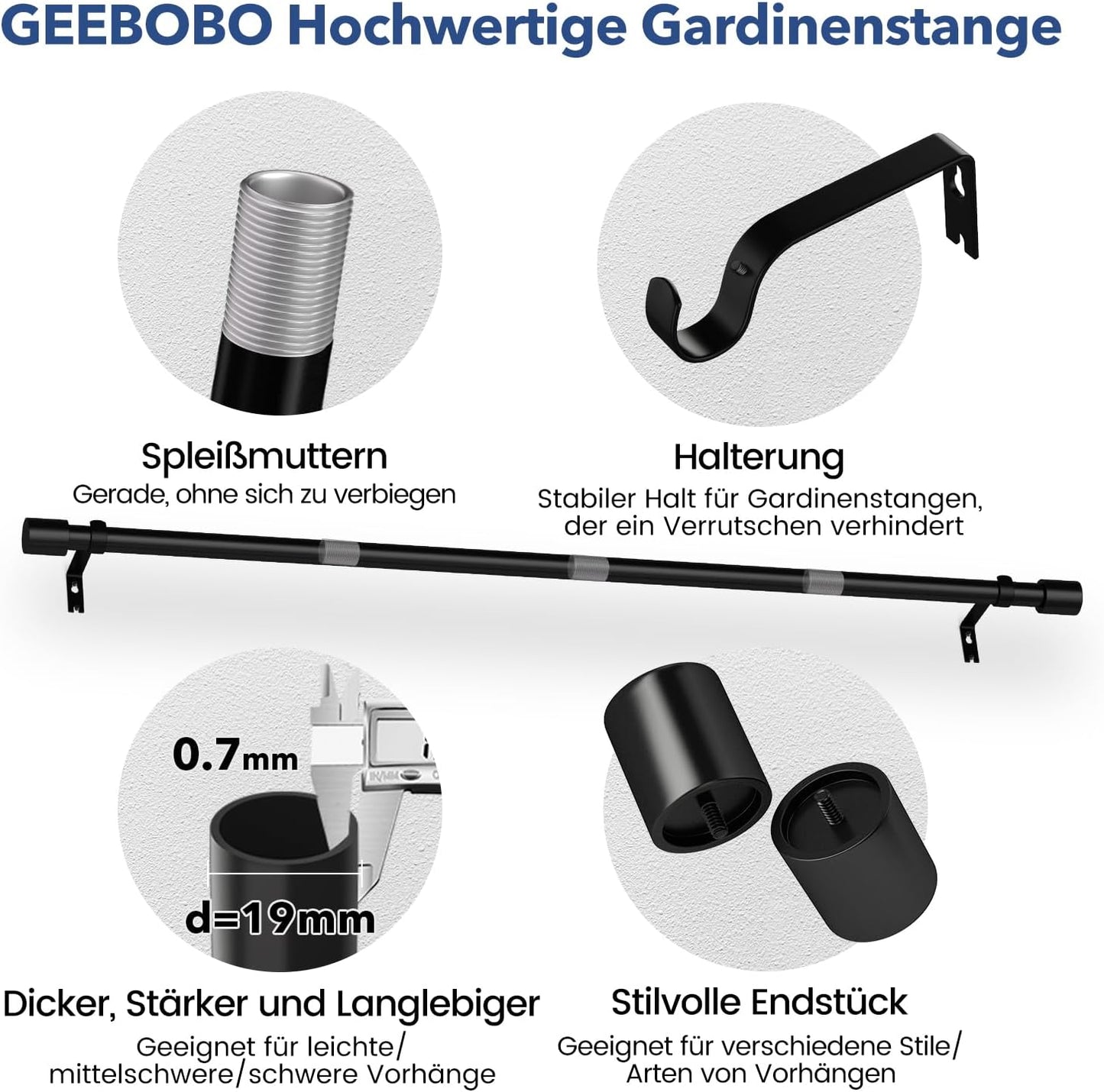 Gardinenstange Schwarz 76-228 cm Vorhangstange Ausziehbar 19 mm Durchmesser für Schlafzimmer, Wohnzimmer oder Küche von GEEBOBO