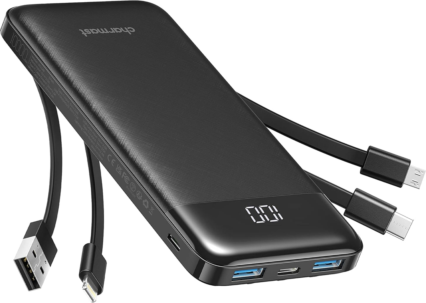 Charmast Power Bank, Slim 10000mAh Powerbank mit Kabel USB C und LED-Display, 6 Ausgängen Klein Aber Stark Externe Handyakkus Kompatibel mit iPhone 16 15 14 13 12 11 Pro Max Plus Huawei Samsung Tablet