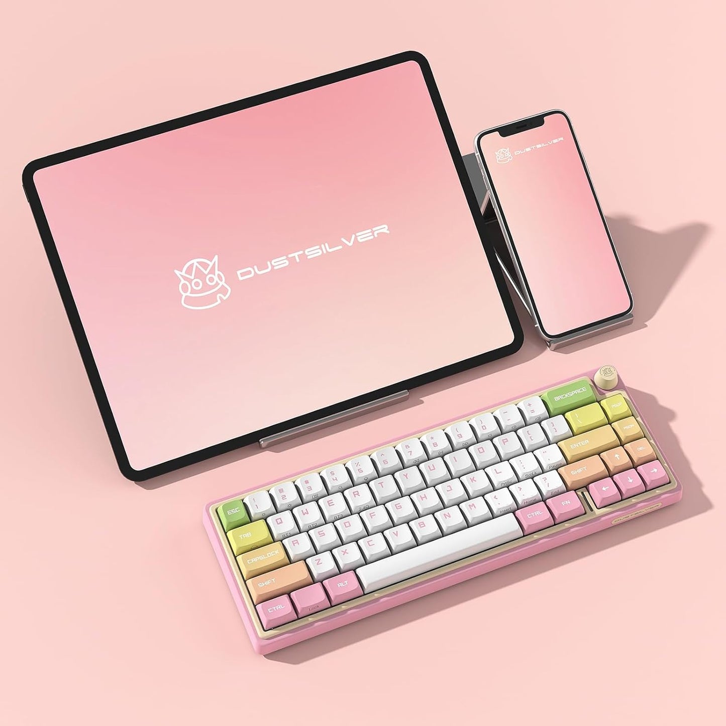 DUSTSILVER D66 Kabellose mechanische Tastatur – 2,4 G/Bluetooth/kabelgebunden, 1000 Hz Abfragegeschwindigkeit, Lautstärketaste, RGB-Hintergrundbeleuchtung, erstklassiges Spielerlebnis, Gateron-Rot-Schalter, Pfirsich-Design