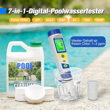 UIUZMAR Digitales pH und Chlor Messgerät, Pool Wassertester für Whirlpool, pH und Salzgehalt Messgerat für Schwimmbäder, 7 in 1 pH Salz Chlor ORP EC TDS Temperatur Tester für Hydrokultur Aquarien