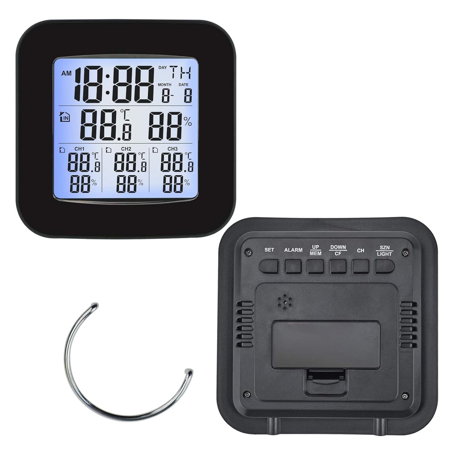 Station météo numérique avec thermomètre et hygromètre, avec 3 capteurs de câble pour l'eau et la pression, avec retour sur la température et la qualité de l'air, informations sur la batterie pour LED noire et LCD