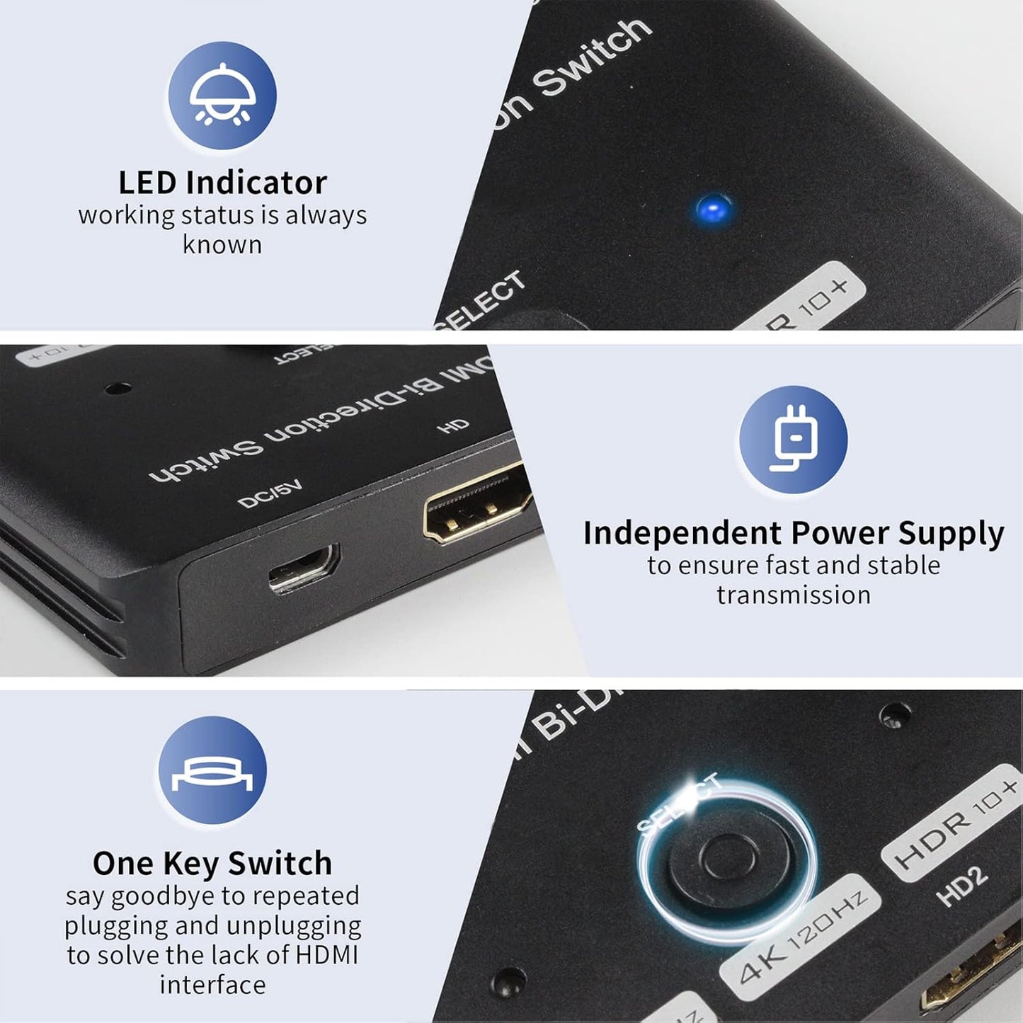 ALYYDBG HDMI 2.1-Switch mit 2 HDMI 2.1-Kabeln, bidirektionaler 48-Gbit/s-HDMI-2.1-Umschalter unterstützt 2in 1out oder 1in 2out, 8K@60Hz 4K@120Hz 2K@144Hz und passt für Xbox PS5/4 HDMI-Projektoren TV
