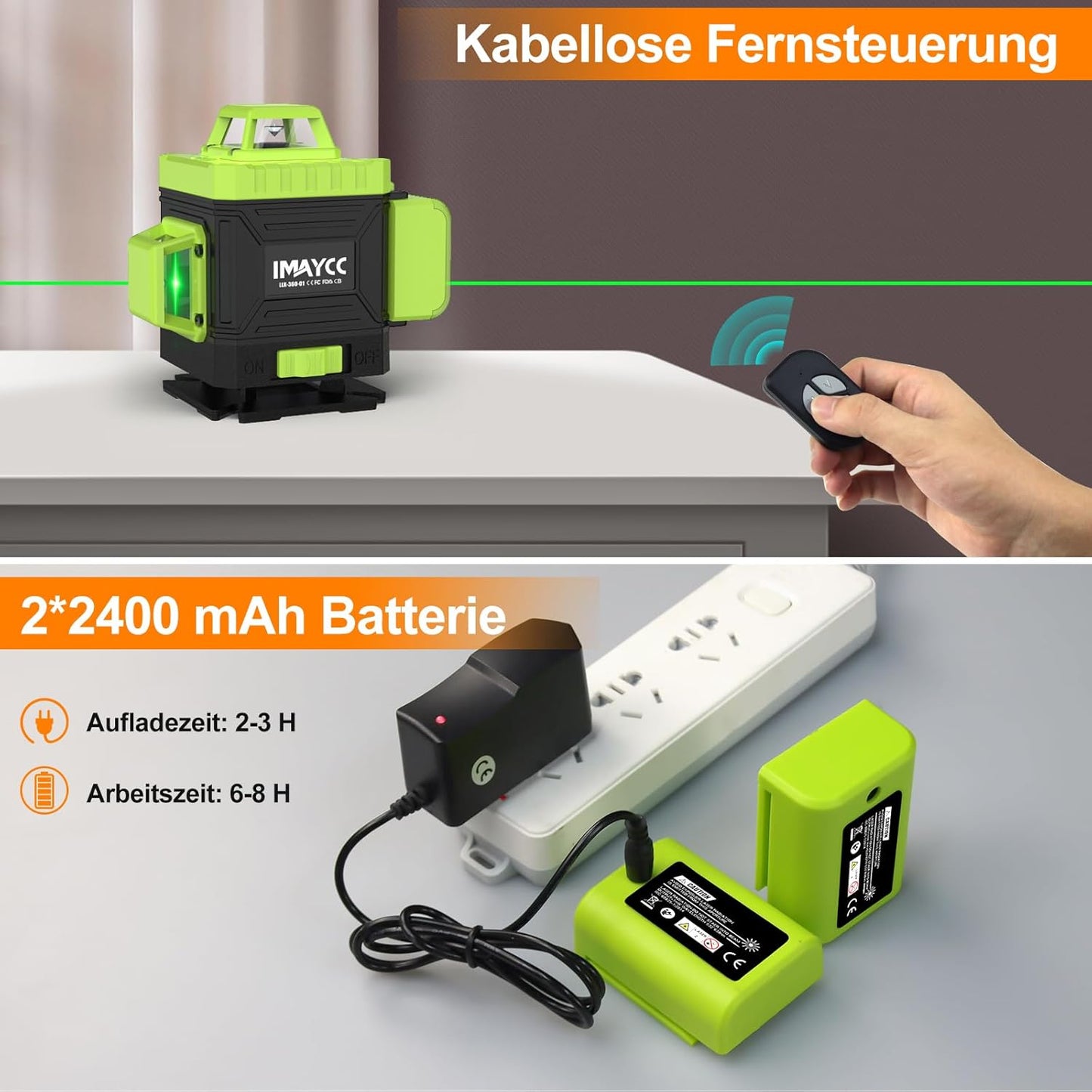IMAYCC Kreuzlinienlaser Grün Selbstnivellierend Laser Wasserwaage 16 Linien 4Dx360 Grad Linienlaser Kreuzlaser Baulaser Einstellbare Helligkeit für Innenbereich Baustelle, 2 x Batterie