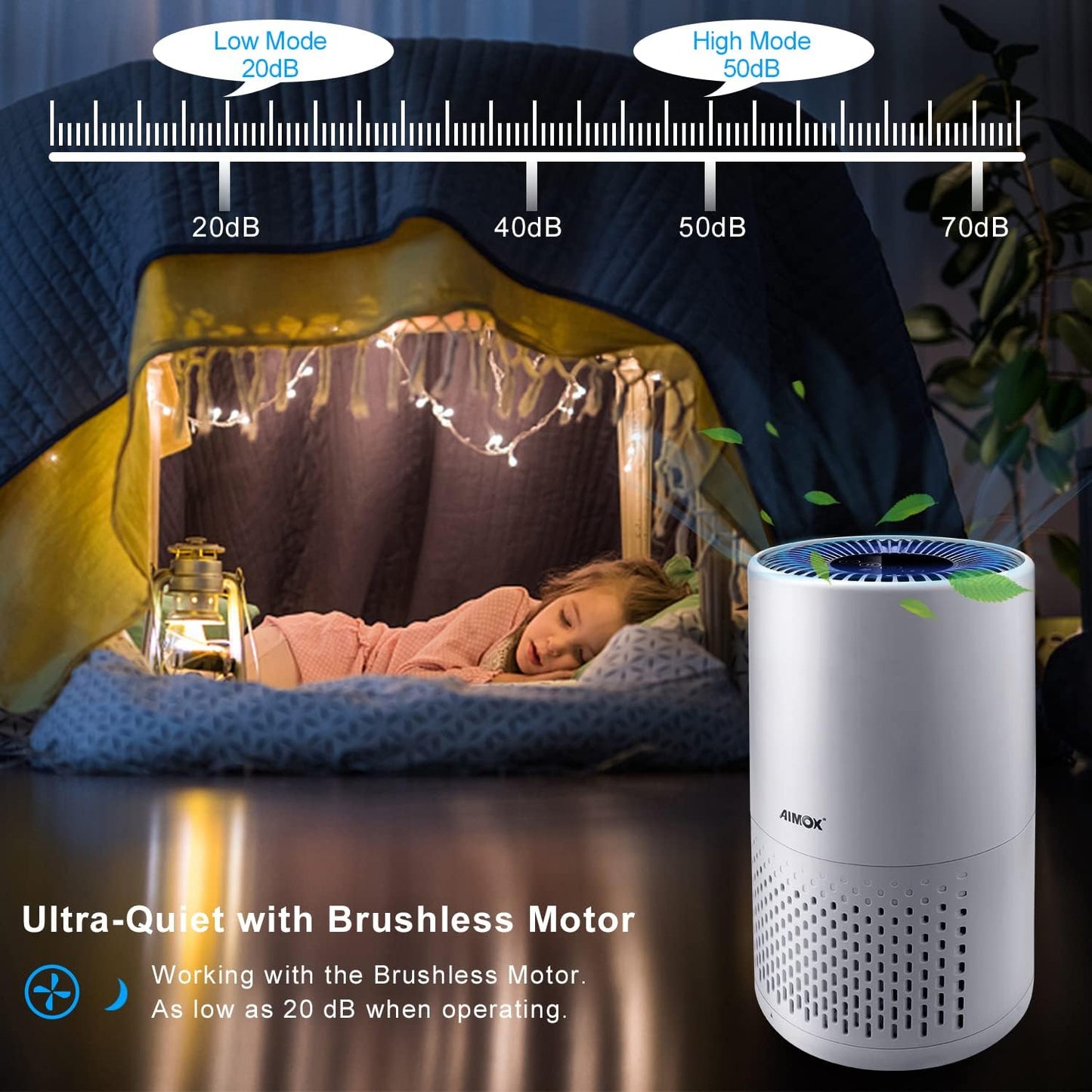 Intelligenter Luftreiniger zum Reinigen und Säubern, Aimox mit Luftqualitätssensor, Luftfilter, 3 Funktionen, Timer, Nachtlicht, CADR 136 m³/h, HEPA-Filter, Funktionen mit APP-Unterstützung, Alexa und Google