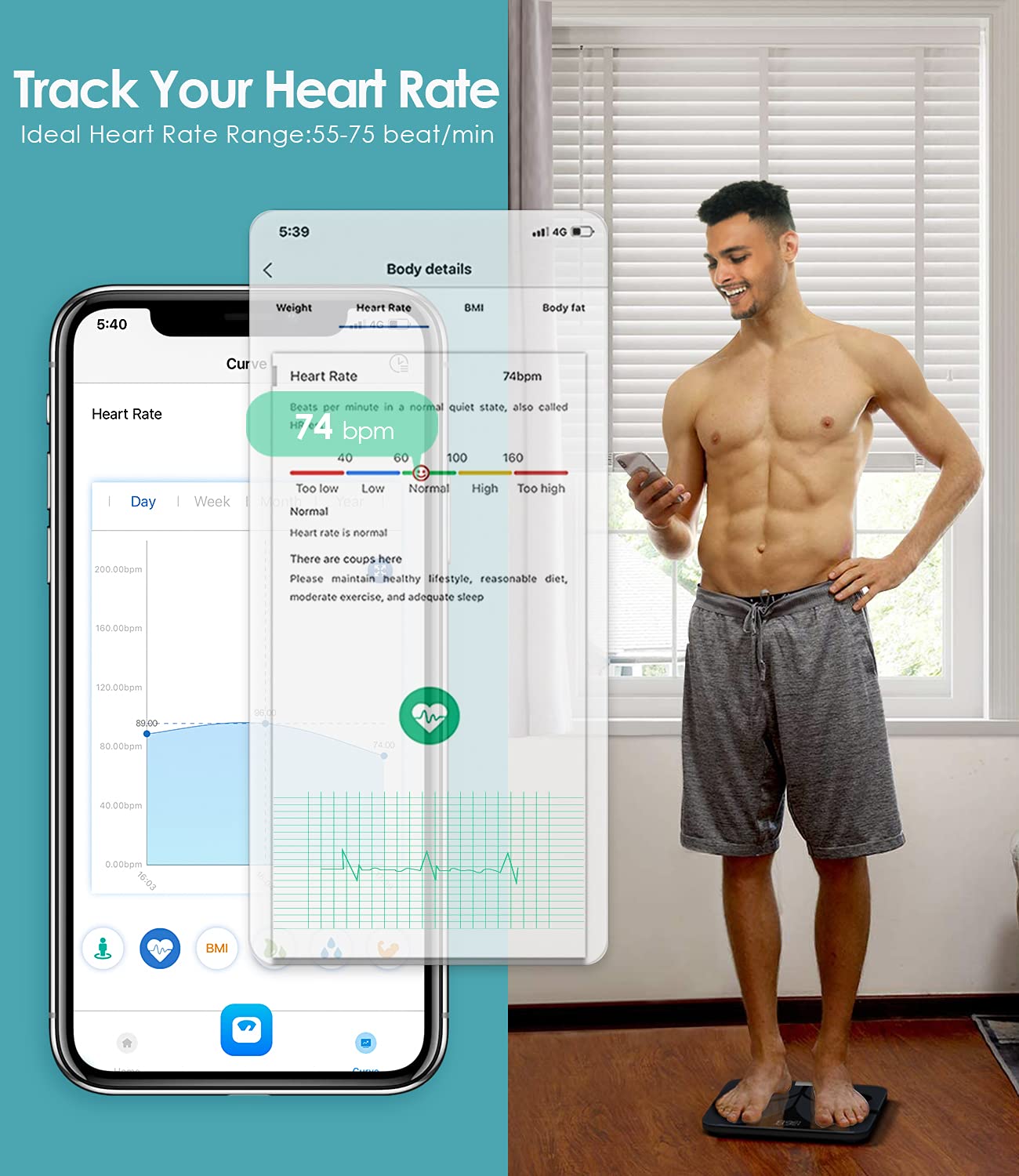 Körperfettwaage, Körpergewichtswaage und BMI-Smart-Waage für die Körperzusammensetzung, digitale Bluetooth-Personenwaage mit Herzfrequenz-Tracker, 15 Messungen, Analyse mit Smartphone-App, 396 Pfund