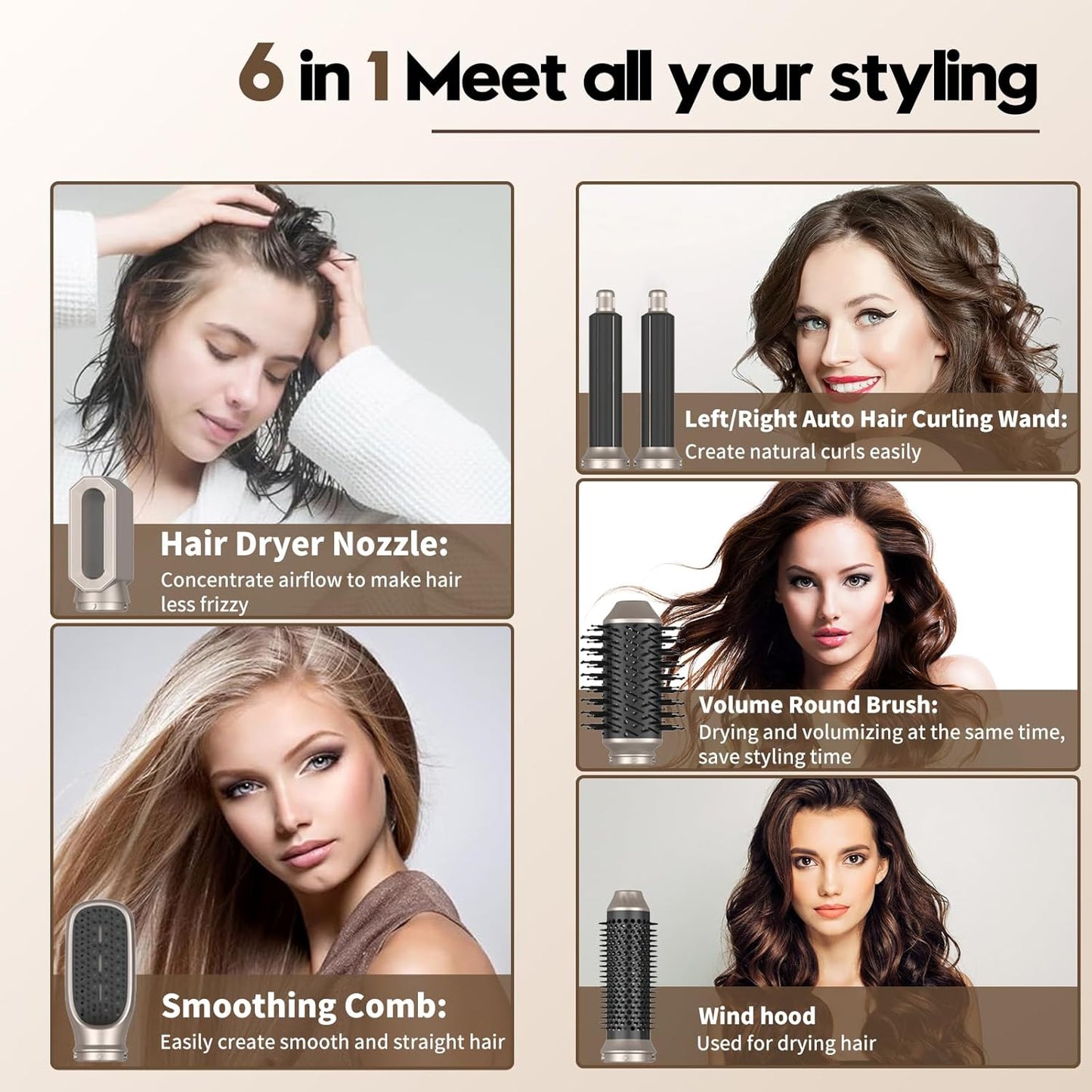 Hairstyler Airstyler, Hair Styler set 6 in 1 mit Haartrockner Föhn, Föhnbürste, Haartrockner für Trocknen, Glätten, Locken und Volumen, Massagekamm mit Ionen-Pflege für alle Haar Styling