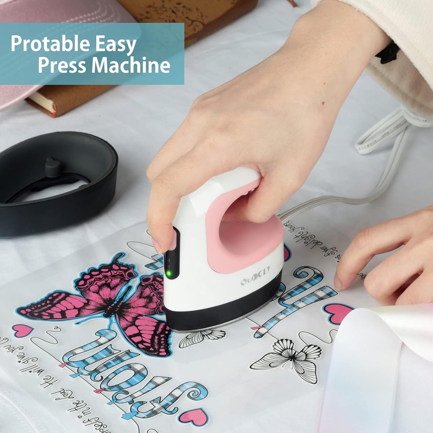 Mini-Hitzepresse, Mini-Bügeleisen zum Basteln, tragbare Hitzepresse, einfach zum Übertragen von T-Shirts, Schuhen, Hüten et petits projets HTV-Vinyl (rose)