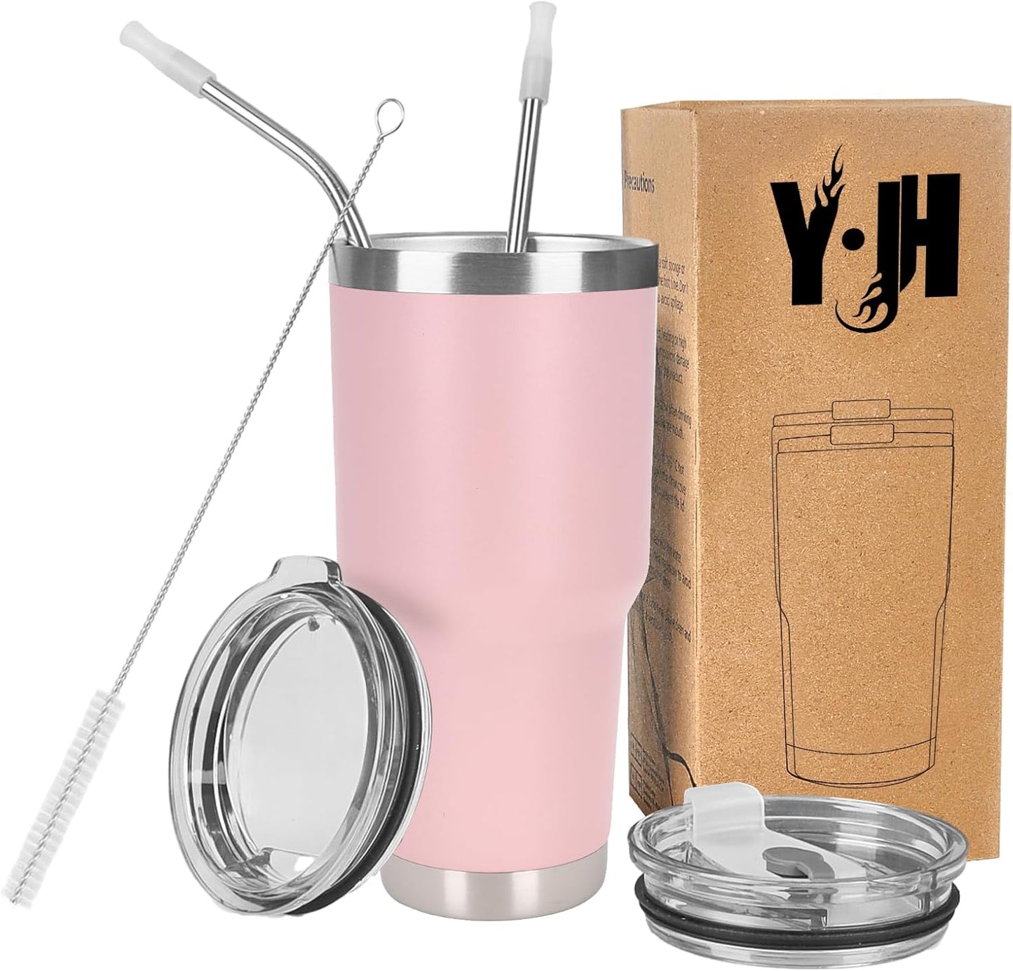 Y·J&H Doppelwandiger Vakuum Isolierbecher Autobecher Edelstahl Reiseflasche Thermobecher Coffee to go mit 2 Spritzwassergeschützten Deckeln 2 Strohhalmen Tubenbürste BPA Frei