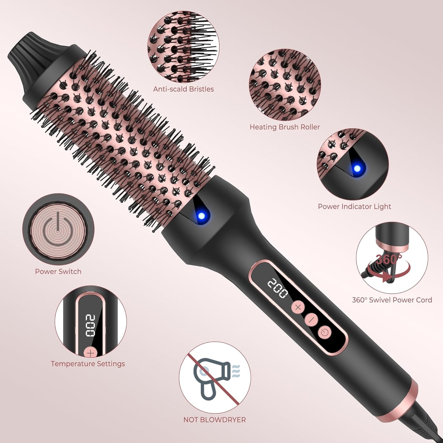 OKWRAP Thermobürste LCD Display, Ionen, Thermobürste, Lockenstab, Heißbürste, Rundbürste für Haarstyling, Heißbürste, Glättbürste, Haarstyler, Rundbürste, Glättbürste, 38 mm