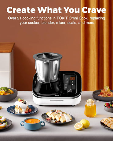 TOKIT Omni Cook Robot All-in-1-Küchenmaschine mit 21 Kochfunktionen, integriertem 18-cm-Touchscreen, funktionalen Rezepten, Vorreinigung, Mahlen, Entsaften, Mixen, Wiegen, Sous Vide, Eiscrushen und mehr