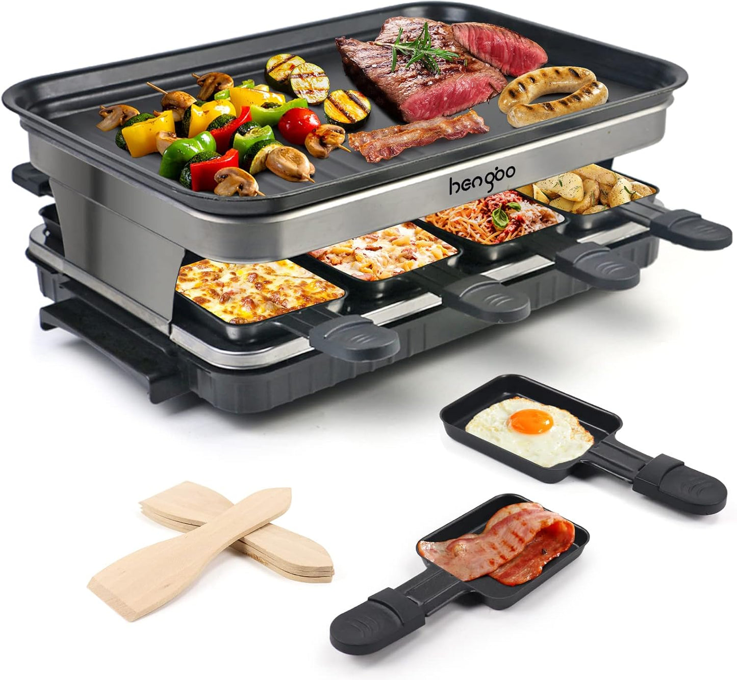 Raclettegrill 8 Personen Grillplatte Antihaftbeschichtet, Raclette mit 8 Mini-Raclettepfännchen & 4 Holzspatel, Stufenlos regelbare Temperatur, 1500 W, Edelstahl