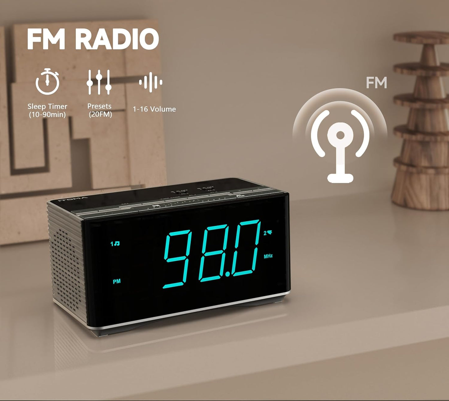 iTOMA Radiowecker,Bluetooth Stereo Lautsprecher, FM Radio, Dual Wecker, Snooze, Helligkeitsdimmer, USB-Aufladung, Wecker für Schlafzimmer Büro 3501