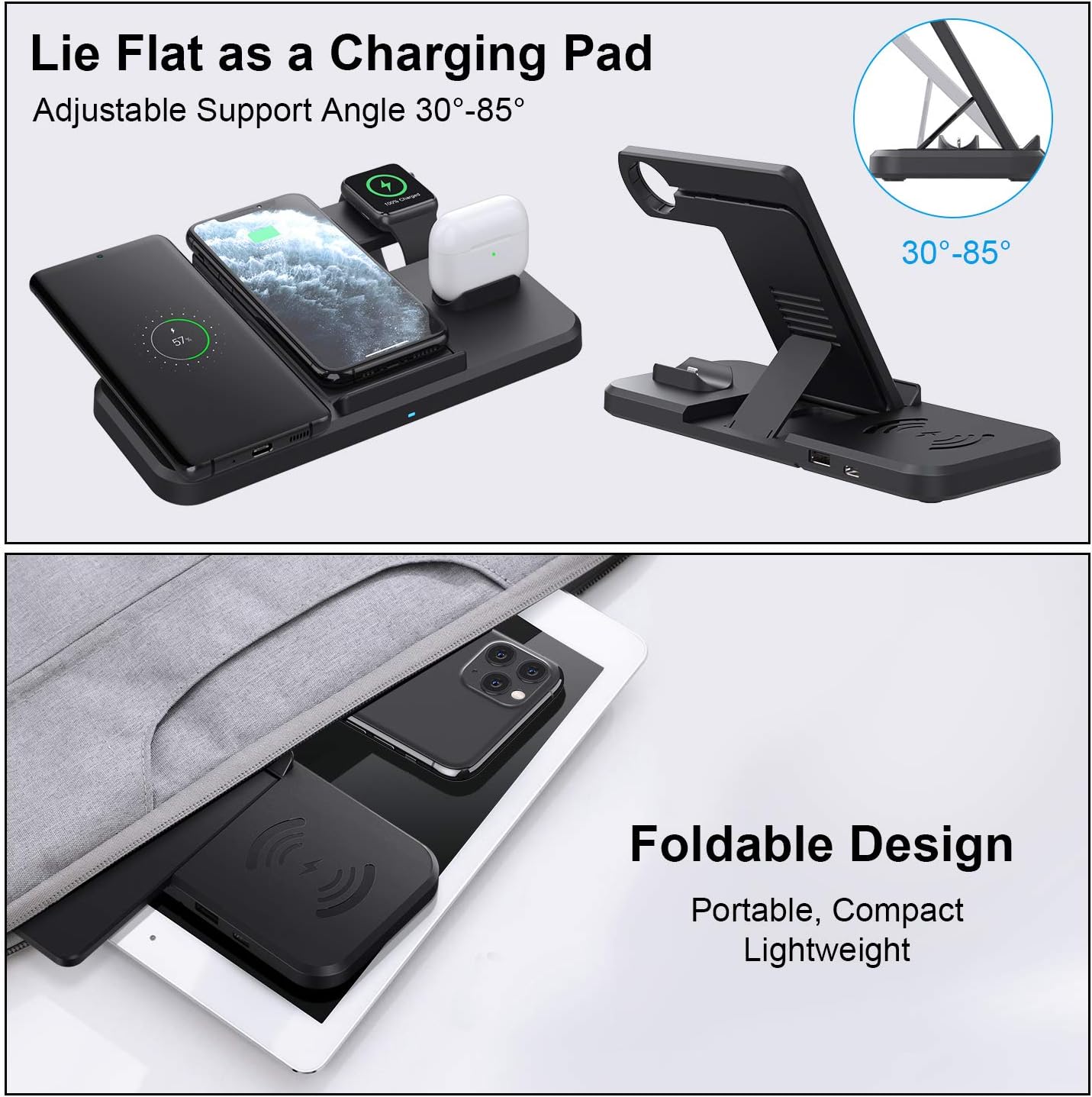 Chargeur sans fil Jekeco, station de charge inductive Qi 4 en 1, connexions par câble 15 W pour Apple Watch SE/6/5, Airpods Pro, iPhone 14/13/12/11/SE/XR/XS, Samsung Galaxy Buds/S21/S20 avec adaptateur QC 3.0 18 W