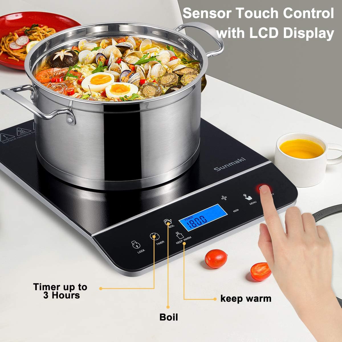 Tragbares Induktionskochfeld, Sunmaki 2000W Induktionsherd mit LCD-Sensor Touch, 10 Leistungsstufen und 10 Temperatureinstellungen, Touch-Bedienelemente, 4-Stunden-Timer, Schwarz