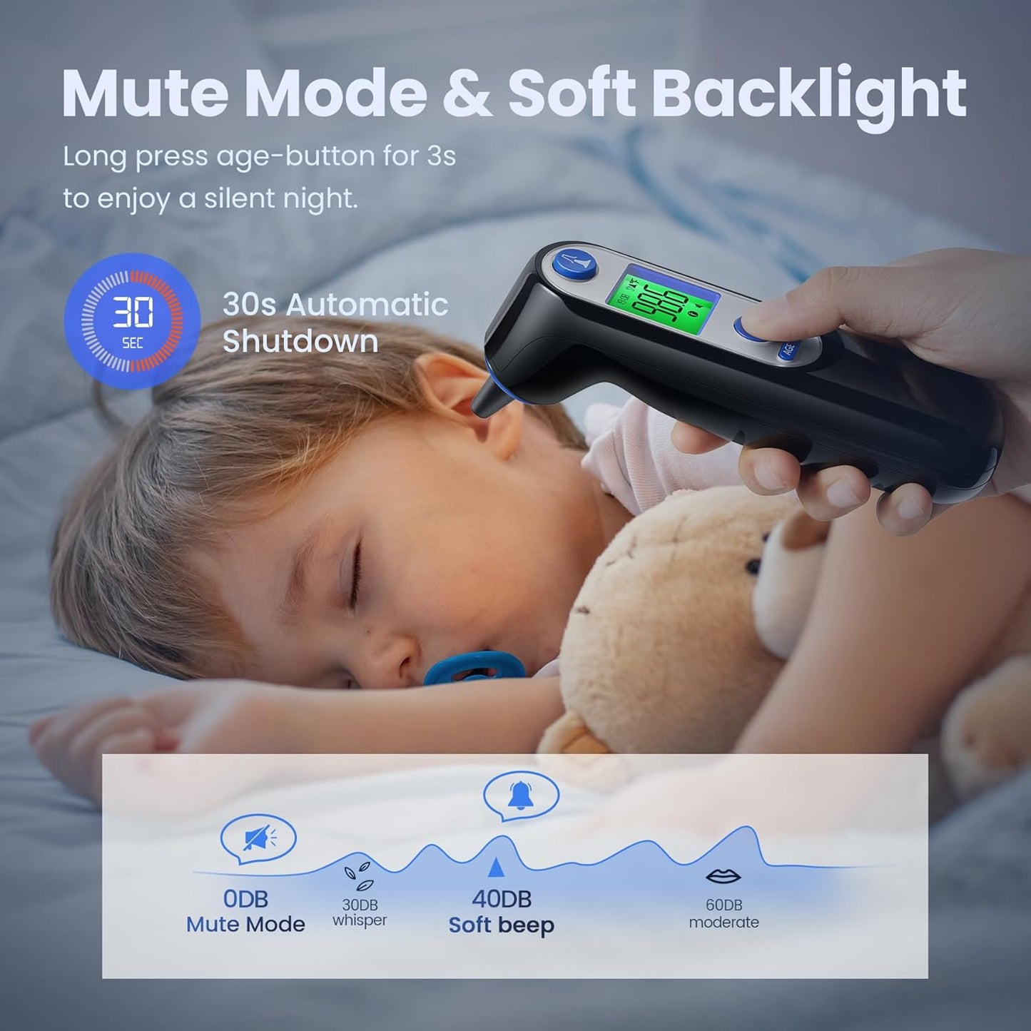 Ohrthermometer für Kinder, Babys und Erwachsene, 1 Sekunde genaues digitales Thermometer, Stummschaltfunktion, 3-farbiger Fieberalarm, 3 Altersgruppen, 30 Speicherabruf mit 20