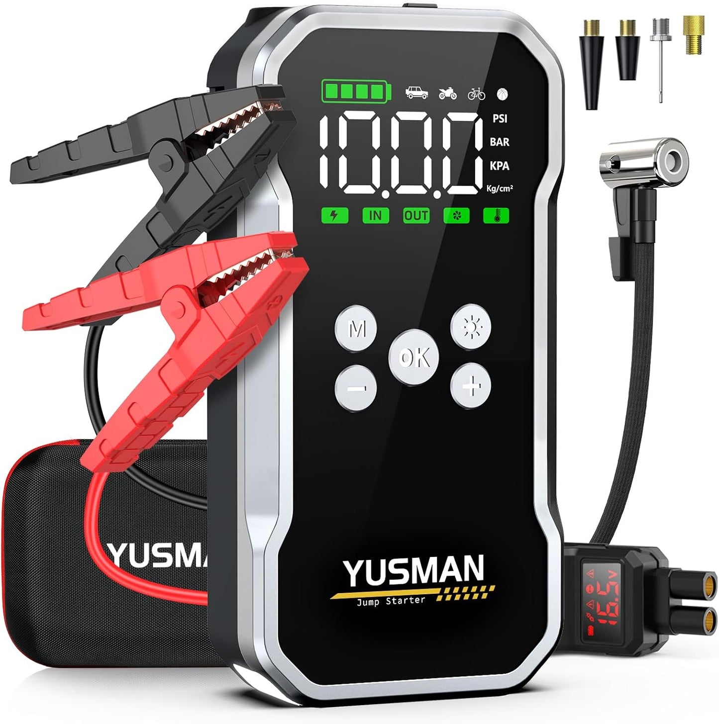 YUSMAN Auto Starthilfe Powerbank mit Kompressor, 5000A 150PSI Car Starthilfe Powerbank für pkw(Bis zu 10L Benzin/7L Diesel), 15800mAh 4-in-1 powerbank starthilfe mit 2 LED-Licht, Schnellladung,LCD
