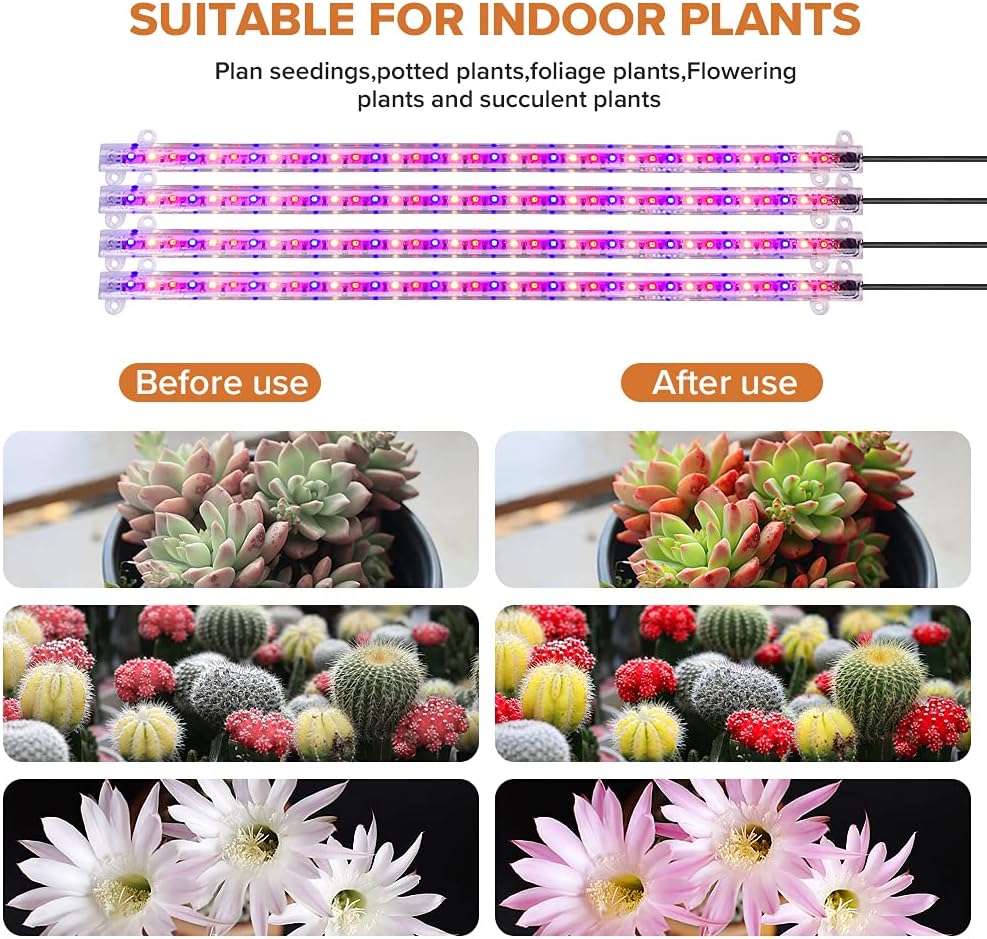LED Planzen-Wachstums-Lichtstreifen, Vollspektrum für Zimmerpflanzen mit automatischem Ein-/Aus-Timer, 36 W & 3 dimmbare Stufen, Solar-Licht-Wachslampe, für Gartenregale, Hydrokulturen, Sukkulenten, 4 Stück