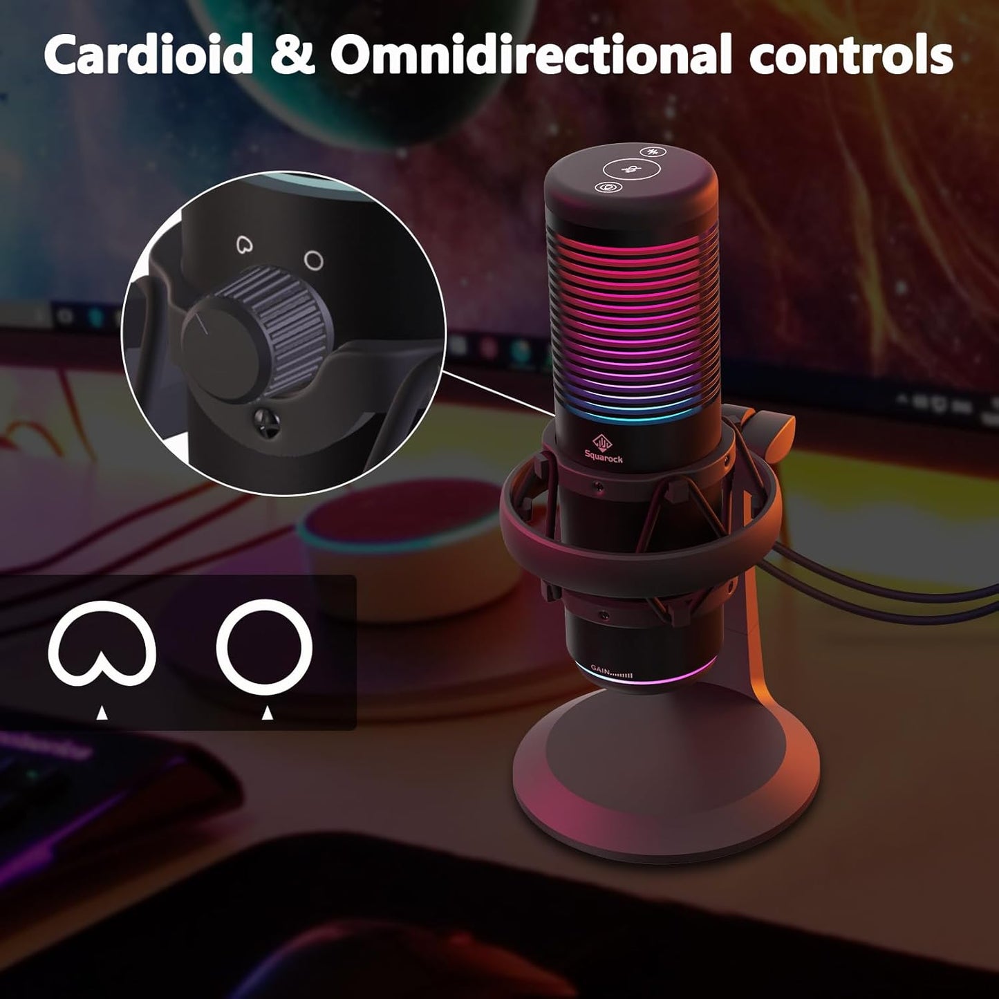 Squarock Gaming-USB-Mikrofon, Kondensatormikrofon mit 8 RGB-Leuchten, Schnellstummschaltung, Rauschunterdrückung, Streaming-Mikrofonmustersteuerung, Verstärkungsregelung, Desktop-Ständer für Podcast-Studioaufnahmen, YouTube
